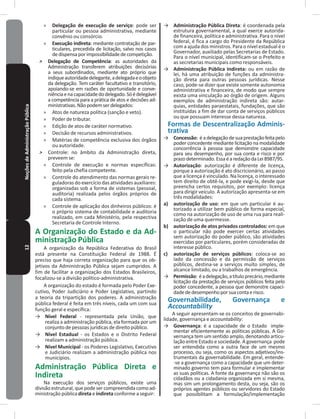 12NoçõesdeAdministraçãoPública » Delegação de execução de serviço: pode ser
particular ou pessoa administrativa, mediante
convênio ou consórcio�
» Execução indireta: mediante contratação de par-
ticulares, precedida de licitação, salvo nos casos
dedispensaporimpossibilidadedecompetição�
˃ Delegação de Competência: as autoridades da
Administração transferem atribuições decisórias
a seus subordinados, mediante ato próprio que
indiqueautoridadedelegante,adelegadaeoobjeto
da delegação� Tem caráter facultativo e transitório,
apoiando-se em razões de oportunidade e conve-
niênciaenacapacidadedodelegado�Sóédelegável
a competência para a prática de atos e decisões ad-
ministrativas�Nãopodemserdelegados:
» Atos de natureza política (sanção e veto)�
» Poder de tributar�
» Edição de atos de caráter normativo�
» Decisão de recursos administrativos�
» matérias de competência exclusiva dos órgãos
ou autoridade�
˃ Controle: no âmbito da Administração direta,
preveem se:
» Controle de execução e normas específicas:
feito pela chefia competente�
» Controle do atendimento das normas gerais re-
guladoras do exercício das atividades auxiliares:
organizadas sob a forma de sistemas (pessoal,
auditoria) realizada pelos órgãos próprios de
cada sistema�
» Controle de aplicação dos dinheiros públicos: é
o próprio sistema de contabilidade e auditoria
realizado, em cada ministério, pela respectiva
Secretaria de Controle Interno�
A Organização do Estado e da Ad-
ministração Pública
A organização da República Federativa do Brasil
está presente na Constituição Federal de 1988� É
preciso que haja correta organização para que os ob-
jetivos da Administração Pública sejam cumpridos� A
fim de facilitar a organização dos Estados Brasileiros,
focalizou-se a divisão político-administrativa�
A organização do estado é formada pelo Poder Exe-
cutivo, Poder Judiciário e Poder Legislativo, partindo
a teoria da tripartição dos poderes� A administração
pública federal é feita em três níveis, cada um com sua
função geral e específica:
→ Nível Federal - representada pela União, que
realiza a administração pública, ela formada por um
conjunto de pessoas jurídicas de direito público�
→ Nível Estadual - os Estados e o Distrito Federal
realizam a administração pública�
→ Nível Municipal - os Poderes Legislativo, Executivo
e Judiciário realizam a administração pública nos
municípios�
Administração Pública Direta e
Indireta
Na execução dos serviços públicos, existe uma
divisãoestrutural,quepodesercompreendidacomoad-
ministração pública direta e indireta conforme a seguir:
→ Administração Pública Direta: é coordenada pela
estrutura governamental, a qual exerce autorida-
de financeira, política e administrativa� Para o nível
federal, é fica a cargo do Presidente da República
com a ajuda dos ministros� Para o nível estadual é o
Governador, auxiliado pelas Secretarias de Estado�
Para o nível municipal, identificam-se o Prefeito e
as secretarias municipais como responsáveis�
→ Administração Pública Indireta: ou em razão de
lei, há uma atribuição de funções da administra-
ção direta para outras pessoas jurídicas� Nesse
caso, pode-se dizer que existe somente autonomia
administrativa e financeira, de modo que sempre
exista uma vinculação ao órgão de origem� Alguns
exemplos de administração indireta são: autar-
quias, entidades paraestatais, fundações, que são
instituídas a fim de dar conta de serviços públicos
ou que possuam interesse dessa natureza�
Formas de Descentralização Adminis-
trativa
→ Concessão: éadelegaçãodesuaprestaçãofeitapelo
poder concedente mediante licitação na modalidade
concorrência à pessoa que demonstre capacidade
para seu desempenho, por sua conta e risco e por
prazodeterminado�EssaéaredaçãodaLei8987/95�
→ Autorização: autorização é diferente de licença,
porque a autorização é ato discricionário, ao passo
que a licença é vinculado� Na licença, o interessado
tem direito de obtê-la, e pode exigi-la, desde que
preencha certos requisitos, por exemplo: licença
para dirigir veículo� A autorização apresenta-se em
três modalidades:
a) autorização de uso: em que um particular é au-
torizado a utilizar bem público de forma especial,
como na autorização de uso de uma rua para reali-
zação de uma quermesse�
b) autorização de atos privados controlados: em que
o particular não pode exercer certas atividades
sem autorização do poder público, são atividades
exercidas por particulares, porém consideradas de
interesse público�
c) autorização de serviços públicos: coloca-se ao
lado da concessão e da permissão de serviços
públicos, destina-se a serviços muito simples, de
alcance limitado, ou a trabalhos de emergência�
→ Permissão: éadelegação,atítuloprecário,mediante
licitação da prestação de serviços públicos feita pelo
poder concedente, a pessoa que demonstre capaci-
dadededesempenhoporsuacontaerisco�
Governabilidade, Governança e
Accountability
A seguir apresentam-se os conceitos de governabi-
lidade, governança e accountability:
→ Governança: é a capacidade de o Estado imple-
mentar eficientemente as políticas públicas� A Go-
vernança tem um sentido amplo, denotando articu-
lação entre Estado e sociedade� A governança pode
ser entendida como a outra face de um mesmo
processo, ou seja, como os aspectos adjetivos/ins-
trumentais da governabilidade� Em geral, entende-
-se a governança como a capacidade que um deter-
minado governo tem para formular e implementar
as suas políticas� A fonte da governança não são os
cidadãos ou a cidadania organizada em si mesma,
mas sim um prolongamento desta, ou seja, são os
próprios agentes públicos ou servidores do Estado
que possibilitam a formulação/implementação
 