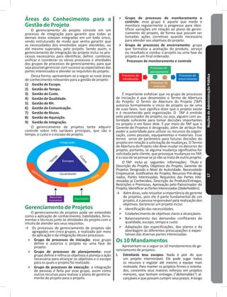 NoçõesdeAdministraçãoPública17
Áreas do Conhecimento para a
Gestão de Projeto
O gerenciamento do projeto consiste em um
processo de integração para garantir que todas as
demais áreas estejam integradas em um todo único,
sendo estruturado de modo que venha garantir que
as necessidades dos envolvidos sejam atendidas, ou
até mesmo superadas, pelo projeto� Sendo assim, o
gerenciamento de integração do projeto inclui os pro-
cessos necessários para identificar, definir, combinar,
unificar e coordenar os vários processos e atividades
dos grupos de processos de gerenciamento, para que
seja possível gerenciar com sucesso as expectativas das
partes interessadas e atender os requisitos do projeto�
Dessa forma, apresentam-se a seguir as nove áreas
de conhecimento relevantes para a gestão de projeto:
1) Gestão de Escopo�
2) Gestão de Tempo�
3) Gestão de Custo�
4) Gestão de Qualidade�
5) Gestão de RH�
6) Gestão de Comunicação�
7) Gestão de Riscos�
8) Gestão de Aquisição�
9) Gestão de Integração�
O gerenciamento de projetos tenta adquirir
controle sobre três variáveis principais, que são o
tempo, o custo e o escopo do projeto�
Recursos
Humanos
Aquisições
Riscos
Comunicações
Tem
po
Custos
Qualidade
Escopo
Integração
Gerenciamento de Projetos
O gerenciamento de projetos pode ser entendido
como a aplicação de conhecimento, habilidades, ferra-
mentas e técnicas junto às atividades do projeto com o
intuito de atender aos seus requisitos�
→ Os processos de gerenciamento de projetos são
agregados em cinco grupos, e realizado por meio
da aplicação e da integração desses processos:
˃ Grupo de processos de iniciação: esse grupo
define e autoriza o projeto ou uma fase do
projeto�
˃ Grupo de processos de planejamento: esse
grupo define e refina os objetivos e planeja a ação
necessária para alcançar os objetivos e o escopo
para os quais o projeto foi realizado�
˃ Grupo de processos de execução: a integração
de pessoas é feita por esse grupo, assim como
outros recursos para realizar o plano de gerencia-
mento do projeto para o projeto�
˃ Grupo de processos de monitoramento e
controle: esse grupo é aquele que mede e
monitora regularmente o progresso para iden-
tificar variações em relação ao plano de geren-
ciamento do projeto, de forma que possam ser
tomadas ações corretivas quando necessário
para atender aos objetivos do projeto�
˃ Grupo de processos de encerramento: grupo
que formaliza a aceitação do produto, serviço
ou resultado e conduz o projeto ou uma fase do
projeto a um final ordenado�
Processos de monitoramento e controle
Processos de
inicialização
Processos de
encerramento
Processos de
planejamento
Processos de
execução
É importante enfatizar que no grupo de processos
de Iniciação é que desenvolve o Termo de Abertura
do Projeto� O Termo de Abertura do Projeto (TAP)
autoriza formalmente o início do projeto ou de uma
de suas fases� Isso significa dizer que o projeto existe
e é reconhecido pela organização� O TAP é emitido
pelo patrocinador do projeto, ou seja, alguém com au-
toridade suficiente para tomar decisões importantes
no projeto e em favor dele� É por meio do TAP que o
Gerente de Projetos é designado, além de atribuir-lhe
poder e autoridade para utilizar os recursos da organi-
zação, como pessoas, equipamentos e materiais� Esse
termo serve de parâmetro para futuras decisões do
projeto em relação à solicitação de mudanças� O Termo
de Abertura do Projeto não deve mudar no decorrer do
projeto, portanto, se alguma mudança significativa for
solicitada pelo cliente, que provoque mudanças no TAP,
é o caso de se pensar se já não se trata de outro projeto�
O TAP inclui as seguintes informações: Título e
Descrição do Projeto, Objetivos do Projeto, Gerente de
Projetos Designado e Nível de Autoridade, Necessidade
Empresarial, Justificativa do Projeto, Recursos Pré-desig-
nados, Partes Interessadas, Requisitos das Partes Inte-
ressadas já Conhecidos, Descrição do Produto/Entregas,
Restrições e Premissas, Aprovação pelo Patrocinador do
Projeto,IdentificarasPartesInteressadas(Stakeholders)�
→ Além disso, vale ressaltar a importância do gerente
de projetos, pois ele é parte fundamental de um
projeto, é a pessoa responsável pela realização dos
objetivos� Gerenciar um projeto inclui:
˃ Identificação das necessidades�
˃ Estabelecimento de objetivos claros e alcançáveis�
˃ Balanceamento das demandas conflitantes de
qualidade, escopo, tempo e custo�
˃ Adaptação das especificações, dos planos e da
abordagem às diferentes preocupações e expec-
tativas das diversas partes interessadas�
Os 10 Mandamentos
Apresentam-se a seguir os 10 mandamentos do ge-
renciamento de projetos:
I� Estreitarás teus escopos� Nada é pior do que
um projeto interminável� Ele pode sugar todos
os recursos e esgotar até mesmo a equipe mais
motivada� Para manter os projetos firmes e orienta-
dos, concentre seus maiores esforços em projetos
menores, que tenham entregas (“deliverables“) al-
cançáveisequepossamcumprirseusprazos�Alongo
 