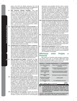 18NoçõesdeAdministraçãoPública prazo, uma série de vitórias pequenas tem mais
impacto sobre a organização do que uma gigantesca
orquestrasinfônicaquenuncachegaatocar�
II� Não tolerarás equipes inchadas� Uma boa
maneira de começar com o pé direito é garantir
que a equipe do projeto terá o tamanho certo�
Equipes maiores são mais difíceis de motivar e ad-
ministrar, e as personalidades podem ficar no meio
do caminho, atrapalhando o trabalho� Não existe
um tamanho ideal para a equipe, mas uma boa
regra empírica é ter uma pessoa para cada papel e
um papel para cada pessoa� Se alguns integrantes
tiverem que desempenhar mais de um papel, tudo
bem – se for errar o dimensionamento, melhor
erre a favor de uma equipe menor�
III� Exigirás dedicação de todas as áreas envolvidas� Se
a área de TI aceitar um prazo apertado, mas parte
dos documentos de projeto precisar ser aprovado
pelas demais áreas da organização, e elas não esti-
verem comprometidas da mesma forma, o projeto
acaba virando uma gincana� Se as áreas de negócio
aceitam um prazo apertado, mas dependem de um
aplicativo a ser desenvolvido pela área de TI, que
não está comprometida da mesma forma, o projeto
também acaba virando uma gincana� O gerente de
projeto deve se posicionar de forma a que todas as
áreasdiretamenteenvolvidasnosucessodoprojeto
estejam comprometidas, e disponíveis na medida
da necessidade, desde o princípio�
IV� Estabelecerás um comitê para analisar o andamen-
to� O comitê de acompanhamento, qualquer que
sejaseutítulooficial,éocorpodiretivodoprojeto�Ao
mesmo tempo em que lida com questões relaciona-
das às políticas e estratégias da empresa, ele pode e
deve remover as lombadas e obstáculos do caminho
do projeto� Um arranjo típico envolve reuniões quin-
zenais das áreas de gerência intermediária envolvi-
das no projeto, para analisar seu andamento e verifi-
carcomoseenvolverdasformasdescritasacima�
V� Não consumirás tua equipe� O burnout, ou esgo-
tamento físico e mental dos membros da equipe,
causado pelo stress e esforço das atividades, não é
incomum� Fique atento às necessidades das pessoas
e evite este efeito que reduz a efetividade da equipe
– não planeje de forma que o envolvimento das
pessoas vá exigir sacrifícios incomuns e continuados�
Em particular, evite o efeito do envolvimento serial:
o popular efeito “sempre os mesmos” – pessoas que
se destacam por resolver bem os problemas que
recebem, e assim acabam sendo envolvidos em mais
projetos do que seria racional, gerando stress para
elas,edisputaderecursosparaosprojetos�
VI� Buscarás apoio externo quando necessário� Adotar
consultores em gerenciamento de projetos é uma
formadepreveniroesgotamento�Alémdeaumentar
as equipes, os especialistas externos muitas vezes
podem trazer valiosas novas ideias, perspectivas e
energias� É essencial trazer o profissional certo no
momento certo: especialistas nos aspectos técnicos
e de mercado não são a mesma coisa que especialis-
tas em gerenciamento de projetos� Considere as ca-
racterísticas do projeto eda equipeantes dedefinir o
tipodeapoioexternonecessário�
VII� Darás poder às tuas equipes� Equipes de projeto
que já estejam se esforçando para cumprir seus
escopos e prazos não precisam ter preocupações
adicionais com questões formais como o preen-
chimento de formulários de registro de ativida-
des para seus departamentos, ou participação em
reuniões periódicas de seu órgão de origem� Em
vez disso, eles devem ter o poder discricionário de
dedicar-se às atividades essenciais e que agregam
valor ao projeto, e a estrutura deve se esforçar
para adaptar-se a estas condições� mas é impor-
tante que os membros da equipe correspondam a
esta confiança, saibam claramente o que se espera
deles e de que forma devem usar sua iniciativa�
VIII�Usarás ferramentas de gerenciamento de rojetos�
Tarefas mundanas de gerenciamento de projetos
podem ser automatizadas� Procure ferramentas
que ofereçam acompanhamento do andamento,
gerenciamento de tarefas, gerenciamento do fluxo
de trabalho e análise de recursos, e que funcionam
em uma plataforma de Intranet que promova o
compartilhamento e a comunicação� mas lembre-
-se de que usar tecnologias que acrescentem uma
camada extra de complexidade a um projeto já de-
safiador por si pode não ser uma boa ideia�
IX� Reconhecerásosucesso�Todososparticipantesdo
projeto devem ser reconhecidos de forma positiva
pelo esforço que praticaram� As recompensas não
precisam ser extravagantes� É fundamental que a
origem real do reconhecimento – seja a Presidên-
cia, a direção da filial regional, o principal patro-
cinador do projeto ou o seu gerente – fique clara
para todos, e que se manifeste de forma tão indivi-
dual e personalizada quanto possível�
X� Não tolerarás gambiarras� Políticas sólidas de ge-
renciamento de projetos devem eliminar anteci-
padamente a tentação de recorrer a alternativas
rápidas e rasteiras, que só levam a erros, desperdí-
cio, retrabalho e frustração�
Diferenças entre Projeto e
Processo
São muitos os conceitos sobre projeto e processo,
mas afinal quais são as principais diferenças? Para
elucidar essa questão segue a uma tabela com as dife-
renças fundamentas entre projeto e processo:
Projeto Processo
É um esforço temporário
e único
Esforço contínuo, estável, repetitivo e
consistente
A equipe planeja e
executa o projeto
As pessoas desempenham as mesmas
tarefas a cada ciclo do processo
Enfrenta escopos que
podem ser desconhe-
cidos
O controle de produtividade é estabele-
cido em torno de metas de produção
Utiliza equipe multidis-
ciplinar
Não exige uma equipe multidisciplinar
Termina com um resulta-
do único e específico
Produto padrão
Ex�: Criação de um carro
novo
Ex�: A fabricação do novo carro
01. A declaração de escopo do projeto, dos princi-
pais documentos de projetos, contempla a au-
torização formal para início do projeto, que tra-
balhos deverão ser realizados e quais entregas
deverão ser feitas.
ERRADO. Uma declaração do escopo do projeto inclui:
objetivos do produto e do projeto, características e
 