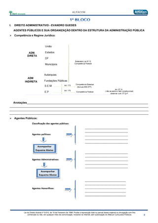 Lei do Direito Autoral nº 9.610, de 19 de Fevereiro de 1998: Proíbe a reprodução total ou parcial desse material ou divulgação com fins
comerciais ou não, em qualquer meio de comunicação, inclusive na Internet, sem autorização do AlfaCon Concursos Públicos.
I. DIREITO ADMINISTRATIVO - EVANDRO GUEDES
AGENTES PÚBLICOS E SUA ORGANIZAÇÃO DENTRO DA ESTRUTURA DA ADMINISTRAÇÃO PÚBLICA
 Competência e Regime Jurídico:
Anotações__________________________________________________________________________________
______________________________________________________________________________________________
______________________________________________________________________________________________
______________________________________________________________________________________________
 Agentes Públicos:
 