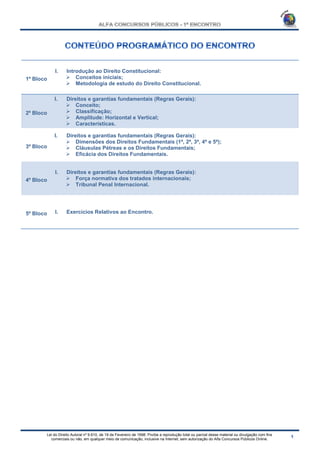 Lei do Direito Autoral nº 9.610, de 19 de Fevereiro de 1998: Proíbe a reprodução total ou parcial desse material ou divulgação com fins
comerciais ou não, em qualquer meio de comunicação, inclusive na Internet, sem autorização do Alfa Concursos Públicos Online.
1º Bloco
I. Introdução ao Direito Constitucional:
 Conceitos iniciais;
 Metodologia de estudo do Direito Constitucional.
2º Bloco
I. Direitos e garantias fundamentais (Regras Gerais):
 Conceito;
 Classificação;
 Amplitude: Horizontal e Vertical;
 Características.
3º Bloco
I. Direitos e garantias fundamentais (Regras Gerais):
 Dimensões dos Direitos Fundamentais (1ª, 2ª, 3ª, 4ª e 5ª);
 Cláusulas Pétreas e os Direitos Fundamentais;
 Eficácia dos Direitos Fundamentais.
4º Bloco
I. Direitos e garantias fundamentais (Regras Gerais):
 Força normativa dos tratados internacionais;
 Tribunal Penal Internacional.
5º Bloco I. Exercícios Relativos ao Encontro.
 