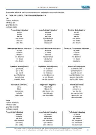 Lei do Direito Autoral nº 9.610, de 19 de Fevereiro de 1998: Proíbe a reprodução total ou parcial desse material ou divulgação com fins
comerciais ou não, em qualquer meio de comunicação, inclusive na Internet, sem autorização do Alfa Concursos Públicos Online.
Acompanhe a lista de verbos que possuem uma conjugação um pouquinho chata.
III. LISTA DE VERBOS COM CONJUGAÇÃO CHATA
Dar
Formas Nominais:
infinitivo: dar
gerúndio: dando
particípio: dado
Presente do Indicativo
eu dou
tu dás
ele dá
nós damos
vós dais
eles dão
Imperfeito do Indicativo
eu dava
tu davas
ele dava
nós dávamos
vós dáveis
eles davam
Perfeito do Indicativo
eu dei
tu deste
ele deu
nós demos
vós destes
eles deram
Mais-que-perfeito do Indicativo
eu dera
tu deras
ele dera
nós déramos
vós déreis
eles deram
Futuro do Pretérito do Indicativo
eu daria
tu darias
ele daria
nós daríamos
vós daríeis
eles dariam
Futuro do Presente do Indicativo
eu darei
tu darás
ele dará
nós daremos
vós dareis
eles darão
Presente do Subjuntivo
que eu dê
que tu dês
que ele dê
que nós demos
que vós deis
que eles deem
Imperfeito do Subjuntivo
se eu desse
se tu desses
se ele desse
se nós déssemos
se vós désseis
se eles dessem
Futuro do Subjuntivo
quando eu der
quando tu deres
quando ele der
quando nós dermos
quando vós derdes
quando eles derem
Imperativo Afirmativo
dá tu
dê ele
demos nós
dai vós
deem eles
Imperativo Negativo
não dês tu
não dê ele
não demos nós
não deis vós
não deem eles
Infinitivo Pessoal
por dar eu
por dares tu
por dar ele
por darmos nós
por dardes vós
por darem eles
Estar
Formas Nominais:
infinitivo: estar
gerúndio: estando
particípio: estado
Presente do Indicativo
eu estou
tu estás
ele está
nós estamos
vós estais
eles estão
Imperfeito do Indicativo
eu estava
tu estavas
ele estava
nós estávamos
vós estáveis
eles estavam
Perfeito do Indicativo
eu estive
tu estiveste
ele esteve
nós estivemos
vós estivestes
eles estiveram
 