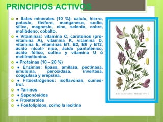PRINCIPIOS ACTIVOS
 ● Sales minerales (10 %): calcio, hierro,
potasio, fósforo, manganeso, sodio,
sílice, magnesio, cinc, selenio, cobre,
molibdeno, cobalto.
 ● Vitaminas: vitamina C, carotenos (pro-
vitamina A), vitamina K, vitamina D,
vitamina E, vitaminas B1, B2, B6 y B12,
ácido nicotí- nico, ácido pantoténico,
ácido fólico, colina y vitamina U ó
metilmetionina.
 ● Proteínas (10 – 20 %)
 ● Enzimas: lipasa, amilasa, pectinasa,
emulsina, peroxidasa, invertasa,
coagulasa y erepsina.
 ● Fitoestrógenos: isoflavonas, cumes-
trol.
 ● Taninos
 ● Saponósidos
 ● Fitosteroles
 ● Fosfolípidos, como la lecitina
 
