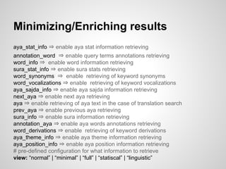 Minimizing/Enriching results
aya_stat_info ? enable aya stat information retrieving
annotation_word ? enable query terms annotations retrieving
word_info ? enable word information retrieving
sura_stat_info ? enable sura stats retrieving
word_synonyms ? enable retrieving of keyword synonyms
word_vocalizations ? enable retrieving of keyword vocalizations
aya_sajda_info ? enable aya sajda information retrieving
next_aya ? enable next aya retrieving
aya ? enable retrieving of aya text in the case of translation search
prev_aya ? enable previous aya retrieving
sura_info ? enable sura information retrieving
annotation_aya ? enable aya words annotations retrieving
word_derivations ? enable retrieving of keyword derivations
aya_theme_info ? enable aya theme information retrieving
aya_position_info ? enable aya position information retrieving
# pre-defined configuration for what information to retrieve
view: normal | minimal | full | statiscal | linguistic

 
