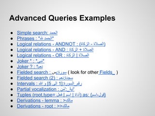 Advanced Queries Examples















Simple search: ???????
Phrases : " ?"??????
Logical relations - ANDNOT : (?)????? - ???????
Logical relations - AND : ?????? + ???????
Logical relations - OR : ?????? | ???????
Joker * : *?*????
Joker ? : ??????
Fielded search : ? ( ????:???look for other Fields_ )
Fielded search (2) : ?????:????
Intervals : ????_??????:]1 ??? 5[ ? ??
Partial vocalization : ?'???_:'????
Tuples (root,type= ? )???? | ??? | ????as: {?}????????
Derivations - lemma : >??????
Derivations - root : >>??????

 