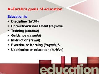 Al-Farabi’s goals of education
Education is
 Discipline (ta’dib)
 Correction/Assessment (taqwim)
 Training (tahdhib)
 Guidance (tasadid)
 Instruction (ta’lim)
 Exercise or learning (irtiyad), &
 Upbringing or education (tarbiya)
 