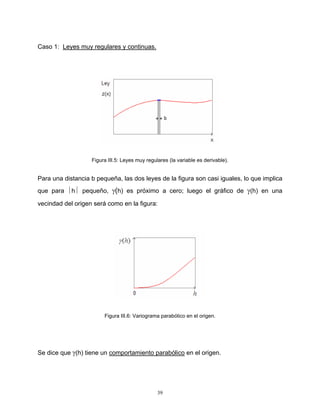 Caso 1: Leyes muy regulares y continuas.

Figura III.5: Leyes muy regulares (la variable es derivable).

Para una distancia b pequeña, las dos leyes de la figura son casi iguales, lo que implica
que para ⏐h⏐ pequeño, γ(h) es próximo a cero; luego el gráfico de γ(h) en una
vecindad del origen será como en la figura:

Figura III.6: Variograma parabólico en el origen.

Se dice que γ(h) tiene un comportamiento parabólico en el origen.

39

 