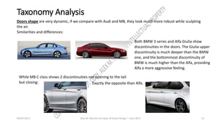 09/07/2017 Alex M. Marconi Analysis of Giulia Design – June 2017 12
Taxonomy Analysis
Doors shape are very dynamic, if we compare with Audi and MB, they look much more robust while sculpting
the air.
Similarities and differences:
Both BMW 3 series and Alfa Giulia show
discontinuities in the doors. The Giulia upper
discontinuity is much deeper than the BMW
one, and the bottommost discontinuity of
BMW is much higher than the Alfa, providing
Alfa a more aggressive feeling.
While MB C class shows 2 discontinuities not opening to the tail
but closing: Exactly the opposite than Alfa.
 