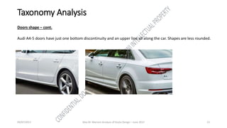 09/07/2017 Alex M. Marconi Analysis of Giulia Design – June 2017 13
Taxonomy Analysis
Doors shape – cont.
Audi A4-5 doors have just one bottom discontinuity and an upper line all along the car. Shapes are less rounded.
 