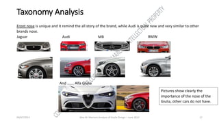 09/07/2017 Alex M. Marconi Analysis of Giulia Design – June 2017 17
Taxonomy Analysis
Front nose is unique and it remind the all story of the brand, while Audi is quite new and very similar to other
brands nose.
Jaguar Audi MB BMW
And ……. Alfa Giulia
Pictures show clearly the
importance of the nose of the
Giulia, other cars do not have.
 