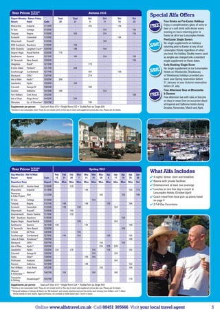 in £s per
 Tour Prices             person                                                                   Autumn 2010
                                                                                                                                                                      Special Alfa Offers
Depart Monday - Return Friday                                Sept               Sept              Oct                Oct                Oct               Oct
Resort        Hotel                      Code                 20                 27                4                 11                 18                25                      Free Drinks on Pre-Easter Holidays
Ilfracombe         Imperial              5110NE               -                  -                154                 -                 154                -          FREE        Enjoy a complimentary glass of wine or
                                                                                                                                                                                  beer or a soft drink with dinner every
St Ives            Cottage               5135NE               -                  -                 -                 154                 -                154
                                                                                                                                                                                  evening on tours returning prior to
Torquay            Regina                5150NE               -                 164                -                 154                 -                154
                                                                                                                                                                                  Easter at all of our Leisureplex Hotels.
Exmouth            Cavendish             5155NE               -                  -                 -                  -                 164                -
                                                                                                                                                                                  Pre-Easter Single Savers
Weymouth           Russell*              5165NE               -                  -                 -                 189                 -                 -
                                                                                                                                                                                  No single supplements on holidays
IOW-Sandown        Bayshore              5195NE               -                 159                -                  -                  -                 -          SAVE        returning prior to Easter at any of our
IOW-Shanklin       Langham Court*        5202NE               -                 199                -                 194                 -                 -
                                                                                                                                                                                  Leisureplex Hotels regardless of when
Bognor Regis       Royal Norfolk         5205NE              179                 -                 -                  -                  -                 -                      you book the holiday. Double rooms used
Eastbourne         Queens                5215NE               -                 164                -                 159                 -                159                     as singles are charged only a standard
Gt Yarmouth        New Beach             5260NE               -                  -                 -                  -                  -                156                     single supplement on these dates.
Skegness           Royal*                5272NE               -                  -                179                 -                  -                 -                      Early Booking Single Saver
D’shire Dales      Portland*             5317NE               -                 229                -                  -                  -                 -                      No single supplement at our Leisureplex
Scarborough        Cumberland            5277NE               -                  -                164                 -                 159                -          SAVE        Hotels on Weekender, Breakaway
Blackpool          Cliffs*               5307NE               -                  -                219                 -                  -                 -                      or Weekaway holidays provided you
Isle of Man        Hydro*                5592NE              269                 -                 -                  -                  -                 -                      book your Spring reservation before
Llandudno          Hydro                 5350NE               -                 164                -                  -                  -                 -                      31 January or your Autumn reservation
Criccieth          George IV             5365NE               -                  -                169                 -                  -                 -                      before 31 July.
Dunoon             Selborne              5410NE              169                 -                 -                 154                 -                 -                      Free Afternoon Teas at Ilfracombe
Fort William       Croit Anna            5432NE               -                  -                 -                  -                  -                169         FREE         Dunoon
                                                                                                                                                                                  Free afternoon tea with cake or biscuits
Isle of Skye       Kings Arms*           5442NE               -                 244                -                  -                  -                 -
                                                                                                                                                                                  on days in resort (not on excursion days)
Glenshee           Sp. of Glenshee*      5547NE               -                  -                199                 -                  -                 -
                                                                                                                                                                                  at Imperial and Selborne hotels during
Supplements per person:              Sea/Loch View £16 • Single Room £23 • Double/Twin as Single £46                                                                              October, November, March and April.
*Denotes a non-Leisureplex hotel. These do not include lunch on free day in resort and supplement prices also vary. Please ask for details.




                         in £s per
 Tour Prices             person                                                                   Spring 2011
                                                                                                                                                                      What Alfa Includes
Dep Mon/Sat - Ret Fri/Wed                              Feb         Feb    Feb      Mar      Mar      Mar       Mar         Apr    Apr         Apr   Apr         Apr
Resort         Hotel                     Code          14          21     28        7       14       21        28           4     11          18    25          30     4 nights’ dinner, room and breakfast
Departure Days                           Depart       Mon       Mon      Mon       Mon      Mon      Mon      Mon       Mon      Mon      Mon       Mon         Sat    Rooms with private facilities
Weston-S-M Anchor Head                   5100NE          -          -     139          -     -           -       -          -      -           -     -           -     Entertainment at least two evenings
Ilfracombe     Imperial                  5110NE          -          -      -           -    149          -       -          -      -           -    164         174    Lunches on one free day in resort at
Newquay                                                                                                                                                                 Leisureplex Hotels (October-April)
 Eden Project Eliot                     5132NE          -          -       -          -      -          -     164          -      -          159    -          199
                                                                                                                                                                       Coach travel from local pick up points listed
St Ives            Cottage               5135NE         -           -      -           -     -          154     -           -      -           -     -           -      on page 4
Torquay            Regina                5151NE         -          144     -           -    149          -      -          159     -           -    164          -     2 Full Day Excursions
Exmouth            Cavendish             5155NE         -          149     -          149    -           -      -           -     164          -     -           -
Weymouth           Russell*              5165NE         -           -     149          -     -           -      -           -      -           -     -           -
Bournemouth        Devon Towers          5170NE         -           -     139          -     -           -      -           -      -           -     -           -
IOW - Sandown      Bayshore              5195NE         -           -      -           -     -           -      -           -      -          159    -           -
Bognor Regis       Royal Norfolk         5205NE         -           -      -          149    -           -      -           -     164          -     -           -
Eastbourne         Queens                5215NE        139          -      -           -    154          -      -           -      -           -    169          -
Gt Yarmouth        New Beach             5260NE         -           -      -           -     -           -      -           -      -          159    -           -
Cromer             De Paris              5265NE         -           -      -          144    -           -      -           -      -           -     -           -
Scarborough        Cumberland            5276NE         -          144     -          144    -           -      -          159     -           -    164          -
Lakes  Dales      Broadway*             5302NE         -           -      -           -     -           -      -           -      -           -    169          -
Blackpool          Cliffs*               5307NE         -           -      -           -     -           -     159          -      -          159    -           -
Isle of Man        Hydro*                5592NE         -           -      -           -     -           -     234         239    239          -     -           -
Llandudno          Hydro                 5350NE        134          -     139          -     -          154     -          159     -           -    164          -
Criccieth          George IV             5365NE         -           -      -           -     -          154     -           -     159          -     -           -
Tenby              Giltar*               5380NE         -           -      -           -    159         164     -           -      -           -     -           -
Porthcawl          Seabank               5386NE         -           -      -           -     -           -      -           -     164                            -
Dunoon             Selborne              5410NE         -           -      -           -    149          -      -           -      -           -    164          -
Fort William       Croit Anna            5433NE         -           -      -           -     -           -     159          -      -           -    164          -
Ullapool
 Inverness**      National*             5467NE          -         154      -          -      -         164      -          -     169          -     -           -

Trossachs          Dreadnought*          5537NE          -          -       -          -      -          -       -          -      -           -    174          -
 Stirling
Supplements per person:              Sea/Loch View £18 • Single Room £24 • Double/Twin as Single £48
*Denotes a non-Leisureplex hotel. These do not include lunch on free day in resort and supplement prices also vary. Please ask for details.
**Dingwall holidays in February  March are “All Inclusive” and include entertainment and free drinks each evening from 8.00pm until 11.00pm
  (House brands of wine, spirits, lagers and beers, not cocktails or bottle beers) plus 1 lunch in resort.




                              Online www.alfatravel.co.uk Call 08451 305666 Visit your local travel agent                                                                                                                     5
 
