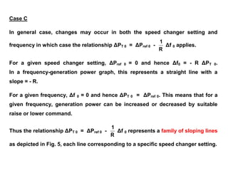 Case C
In general case, changes may occur in both the speed changer setting and
frequency in which case the relationship ΔPT 0 = ΔPref 0 -
R
1
Δf 0 applies.
For a given speed changer setting, ΔPref 0 = 0 and hence Δf0 = - R ΔPT 0.
In a frequency-generation power graph, this represents a straight line with a
slope = - R.
For a given frequency, Δf 0 = 0 and hence ΔPT 0 = ΔPref 0. This means that for a
given frequency, generation power can be increased or decreased by suitable
raise or lower command.
Thus the relationship ΔPT 0 = ΔPref 0 -
R
1
Δf 0 represents a family of sloping lines
as depicted in Fig. 5, each line corresponding to a specific speed changer setting.
 