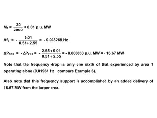 M1 =
2000
20
= 0.01 p.u. MW
Δf0 = -
2.55
0.51
0.01

= - 0.003268 Hz
ΔP12 0 = - ΔP21 0 = -
2.55
0.51
0.01
x
2.55

= - 0.008333 p.u. MW = - 16.67 MW
Note that the frequency drop is only one sixth of that experienced by area 1
operating alone (0.01961 Hz compare Example 6).
Also note that this frequency support is accomplished by an added delivery of
16.67 MW from the larger area.
 
