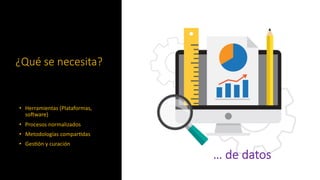 ¿Qué se necesita?
• Herramientas (Plataformas,
so1ware)
• Procesos normalizados
• Metodologías compar;das
• Ges;ón y curación
… de datos
 