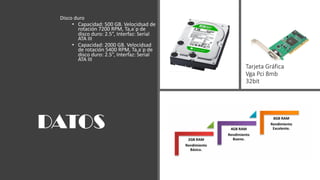 Disco duro
• Capacidad: 500 GB. Velocidsad de
rotación 7200 RPM, Ta,a´p de
disco duro: 2.5”, Interfaz: Serial
ATA III
• Capacidad: 2000 GB. Velocidsad
de rotación 5400 RPM, Ta,a´p de
disco duro: 2.5”, Interfaz: Serial
ATA III
Tarjeta Gráfica
Vga Pci 8mb
32bit
DATOS
 