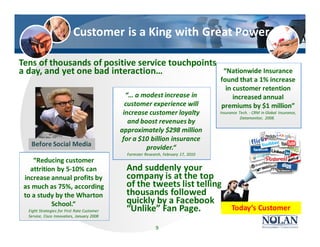 “… a modest increase in
customer experience will
increase customer loyalty
and boost revenues by
approximately $298 million
for a $10 billion insurance
provider.“
Forrester Research, February 17, 2010
“Nationwide Insurance
found that a 1% increase
in customer retention
increased annual
premiums by $1 million”
Insurance Tech. - CRM in Global Insurance,
Datamonitor, 2008.
“Reducing customer
attrition by 5-10% can
increase annual profits by
as much as 75%, according
to a study by the Wharton
School.“
Eight Strategies for First Rate Customer
Service, Cisco Innovators, January 2008
Customer is a King with Great Power
Tens of thousands of positive service touchpoints
a day, and yet one bad interaction…
And suddenly your
company is at the top
of the tweets list telling
thousands followed
quickly by a Facebook
“Unlike” Fan Page.
9
Before Social Media
Today’s Customer
 