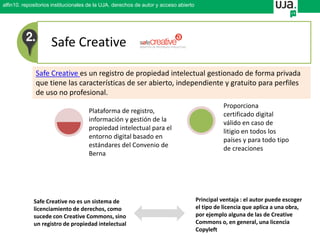 Safe Creative
Safe Creative es un registro de propiedad intelectual gestionado de forma privada
que tiene las características de ser abierto, independiente y gratuito para perfiles
de uso no profesional.
Safe Creative no es un sistema de
licenciamiento de derechos, como
sucede con Creative Commons, sino
un registro de propiedad intelectual
Principal ventaja : el autor puede escoger
el tipo de licencia que aplica a una obra,
por ejemplo alguna de las de Creative
Commons o, en general, una licencia
Copyleft
alfin10. repositorios institucionales de la UJA. derechos de autor y acceso abierto
Plataforma de registro,
información y gestión de la
propiedad intelectual para el
entorno digital basado en
estándares del Convenio de
Berna
Proporciona
certificado digital
válido en caso de
litigio en todos los
países y para todo tipo
de creaciones
 
