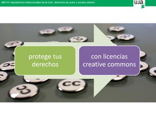 protege tus
derechos
con licencias
creative commons
alfin10. repositorios institucionales de la UJA. derechos de autor y acceso abierto
 