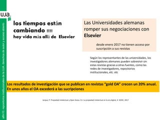 Las Universidades alemanas
romper sus negociaciones con
Elsevier
desde enero 2017 no tienen acceso por
suscripción a sus revistas
los tiempos están
cambiando !!!!
hay vida más allá de Elsevier
Según los representantes de las universidades, los
investigadores alemanes pueden sobrevivir sin
estas revistas gracias a otras fuentes, como las
redes de investigadores, repositorios
institucionales, etc. etc
Los resultados de investigación que se publican en revistas “gold OA” crecen un 20% anual.
En unos años el OA excederá a las sucripciones
Jarque, P. Propiedad intelectual y Open Acess. En: La propiedad intelectual en la era digital, 4. SEDIC, 2017
alfin10.repositoriosinstitucionalesdelaUJA.derechosdeautoryaccesoabierto
 