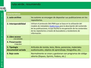 ruta verde. resumiendo
características
1. auto-archivo los autores se encargan de depositar sus publicaciones en los
repositorios.
2. Interoperabilidad Utilizan el protocolo OAI-PMH que se basa en la utilización del
modelo de metadatos Dublin Core para la descripción del contenido
de las publicaciones, lo que facilita la recuperación de los contenidos
de los repositorios a través de buscadores y recolectores de
información.
3. Libre acceso
a los contenidos
4. Preservación
A largo plazo
5. Tipología
documental variada
Artículos de revista, tesis, libros, ponencias, materiales
audiovisuales, objetos de aprendizaje, fotografías, etc.
6. Bajo coste Normalmente se crean y gestionan con programas de código
abierto (Dspace, Eprints, Fedora, etc.)
alfin10.repositoriosinstitucionalesdelaUJA.derechosdeautoryaccesoabierto
 