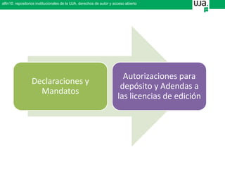 Declaraciones y
Mandatos
Autorizaciones para
depósito y Adendas a
las licencias de edición
alfin10. repositorios institucionales de la UJA. derechos de autor y acceso abierto
 