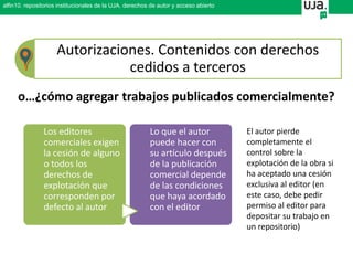 Autorizaciones. Contenidos con derechos
cedidos a terceros
o…¿cómo agregar trabajos publicados comercialmente?
Los editores
comerciales exigen
la cesión de alguno
o todos los
derechos de
explotación que
corresponden por
defecto al autor
Lo que el autor
puede hacer con
su artículo después
de la publicación
comercial depende
de las condiciones
que haya acordado
con el editor
El autor pierde
completamente el
control sobre la
explotación de la obra si
ha aceptado una cesión
exclusiva al editor (en
este caso, debe pedir
permiso al editor para
depositar su trabajo en
un repositorio)
alfin10. repositorios institucionales de la UJA. derechos de autor y acceso abierto
 