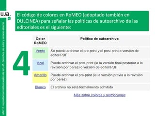 El código de colores en RoMEO (adoptado también en
DULCINEA) para señalar las políticas de autoarchivo de las
editoriales es el siguiente:
4
alfin10.repositoriosinstitucionalesdelaUJA.derechosdeautoryaccesoabierto
 