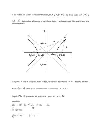 Si los vértices se ubican en las coordenadas V1          (a,0) y     V2 (− a,0) , los focos están en F1 (c,0) y


F2 (− c,0) , el eje real de la hipérbola es coincidente al eje x , y si su centro se ubica en el origen, tiene
la siguiente forma:



                                                  y


                                                                               P

                                                                d1
                                           B1(0,b)

                                                                                   d2



                          F2(-c,0)     V2(-a,0)              V1(a,0)     F1(c,0)            x



                                          B2(0,-b)




Si el punto P está en cualquiera de los vértices, la diferencia de distancias d1 − d da como resultado
                                                                                        2


a − c − (−c − a ) , por lo que la suma constante se establece e 2a, a > 0 .


El punto P x, y (   ) pertenecerá a la hipérbola si y sólo si: d1 − d 2 = 2a ,
por lo tanto:
  (x − (− c ))2 + ( y − 0 )2 (x − c )2 + ( y −        = 2a
  −                          0)
                               2

que equivale a:


  ( x + c )2 + y            = 2a +
  2
 