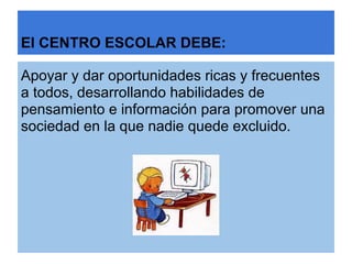 El CENTRO ESCOLAR DEBE:

Apoyar y dar oportunidades ricas y frecuentes
a todos, desarrollando habilidades de
pensamiento e información para promover una
sociedad en la que nadie quede excluido.
 