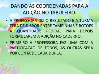 DANDO AS COORDENADAS PARA A 
ADIÇÃO NO TABULEIRO. 
• A PROFESSORA DIZ O RESULTADO E A TURMA 
TERÁ DE DISPOR ENTRE TAMPINHAS E BOTÕES 
A QUANTIDADE PEDIDA, PARA DEPOIS 
FORMULAREM A ADIÇÃO NO CADERNO; 
• PRIMEIRO A PROFESSORA FAZ UMA COM A 
PARTICIPAÇÃO DE TODOS, AS OUTRAS SERÁ 
POR CONTA DE CADA DUPLA. 
 