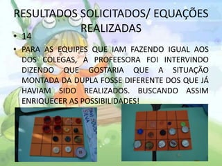 RESULTADOS SOLICITADOS/ EQUAÇÕES 
REALIZADAS 
• 14 
• PARA AS EQUIPES QUE IAM FAZENDO IGUAL AOS 
DOS COLEGAS, A PROFEESORA FOI INTERVINDO 
DIZENDO QUE GOSTARIA QUE A SITUAÇÃO 
MONTADA DA DUPLA FOSSE DIFERENTE DOS QUE JÁ 
HAVIAM SIDO REALIZADOS. BUSCANDO ASSIM 
ENRIQUECER AS POSSIBILIDADES! 
 