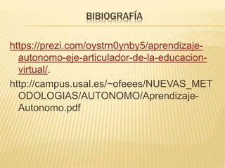 BIBIOGRAFÍA
https://prezi.com/oystrn0ynby5/aprendizaje-
autonomo-eje-articulador-de-la-educacion-
virtual/.
http://campus.usal.es/~ofeees/NUEVAS_MET
ODOLOGIAS/AUTONOMO/Aprendizaje-
Autonomo.pdf
 