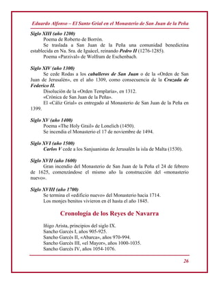 Eduardo Alfonso – El Santo Grial en el Monasterio de San Juan de la Peña
26
Siglo XIII (año 1200)
Poema de Roberto de Borrón.
Se traslada a San Juan de la Peña una comunidad benedictina
establecida en Na. Sra. de Iguácel, reinando Pedro II (1276-1285).
Poema «Parzival» de Wolfram de Eschenbach.
Siglo XIV (año 1300)
Se cede Rodas a los caballeros de San Juan o de la «Orden de San
Juan de Jerusalén», en el año 1309, como consecuencia de la Cruzada de
Federico II.
Disolución de la «Orden Templaría», en 1312.
«Crónica de San Juan de la Peña».
El «Cáliz Grial» es entregado al Monasterio de San Juan de la Peña en
1399.
Siglo XV (año 1400)
Poema «The Holy Grail» de Lonelich (1450).
Se incendia el Monasterio el 17 de noviembre de 1494.
Siglo XVI (año 1500)
Carlos V cede a los Sanjuanistas de Jerusalén la isla de Malta (1530).
Siglo XVII (año 1600)
Gran incendio del Monasterio de San Juan de la Peña el 24 de febrero
de 1625, comenzándose el mismo año la construcción del «monasterio
nuevo».
Siglo XVIII (año 1700)
Se termina el «edificio nuevo» del Monasterio hacia 1714.
Los monjes benitos vivieron en él hasta el año 1845.
Cronología de los Reyes de Navarra
Iñigo Arista, principios del siglo IX.
Sancho Garcés I, años 905-925.
Sancho Garcés II, «Abarca», años 970-994.
Sancho Garcés III, «el Mayor», años 1000-1035.
Sancho Garcés IV, años 1054-1076.
 