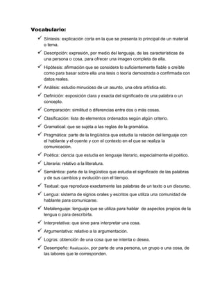 Vocabulario:
 Síntesis: explicación corta en la que se presenta lo principal de un material
o tema.
 Descripción: expresión, por medio del lenguaje, de las características de
una persona o cosa, para ofrecer una imagen completa de ella.
 Hipótesis: afirmación que se considera lo suficientemente fiable o creíble
como para basar sobre ella una tesis o teoría demostrada o confirmada con
datos reales.
 Análisis: estudio minucioso de un asunto, una obra artística etc.
 Definición: exposición clara y exacta del significado de una palabra o un
concepto.
 Comparación: similitud o diferencias entre dos o más cosas.
 Clasificación: lista de elementos ordenados según algún criterio.
 Gramatical: que se sujeta a las reglas de la gramática.
 Pragmática: parte de la lingüística que estudia la relación del lenguaje con
el hablante y el oyente y con el contexto en el que se realiza la
comunicación.
 Poética: ciencia que estudia en lenguaje literario, especialmente el poético.
 Literaria: relativo a la literatura.
 Semántica: parte de la lingüística que estudia el significado de las palabras
y de sus cambios y evolución con el tiempo.
 Textual: que reproduce exactamente las palabras de un texto o un discurso.
 Lengua: sistema de signos orales y escritos que utiliza una comunidad de
hablante para comunicarse.
 Metalenguaje: lenguaje que se utiliza para hablar de aspectos propios de la
lengua o para describirla.
 Interpretativa: que sirve para interpretar una cosa.
 Argumentativa: relativo a la argumentación.
 Logros: obtención de una cosa que se intenta o desea.
 Desempeño: Realización, por parte de una persona, un grupo o una cosa, de
las labores que le corresponden.
 