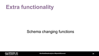 Extra functionality
Schema changing functions
29#UnifiedDataAnalytics #SparkAISummit
 