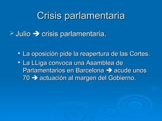 Crisis parlamentaria
 Julio  crisis parlamentaria.


   La oposición pide la reapertura de las Cortes.
  
    La LLiga convoca una Asamblea de
    Parlamentarios en Barcelona  acude unos
    70  actuación al margen del Gobierno.
 