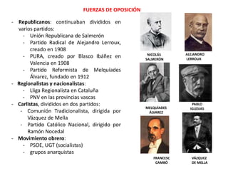 FUERZAS DE OPOSICIÓN
NICOLÁS
SALMERÓN
PABLO
IGLESIAS
ALEJANDRO
LERROUX
FRANCESC
CAMBÓ
VÁZQUEZ
DE MELLA
MELQUÍADES
ÁLVAREZ
- Republicanos: continuaban divididos en
varios partidos:
- Unión Republicana de Salmerón
- Partido Radical de Alejandro Lerroux,
creado en 1908
- PURA, creado por Blasco Ibáñez en
Valencia en 1908
- Partido Reformista de Melquíades
Álvarez, fundado en 1912
- Regionalistas y nacionalistas:
- Lliga Regionalista en Cataluña
- PNV en las provincias vascas
- Carlistas, divididos en dos partidos:
- Comunión Tradicionalista, dirigida por
Vázquez de Mella
- Partido Católico Nacional, dirigido por
Ramón Nocedal
- Movimiento obrero:
- PSOE, UGT (socialistas)
- grupos anarquistas
 