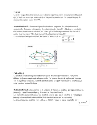 ELIPSE
La elipse surge al realizar la intersección de una superficie cónica con un plano oblicuo al
eje, es decir, un plano que no sea paralelo ala generatriz del cono. Por tanto el ángulo de
inclinación oscilará entre: 0<ß<90º.
Definición formal: Llamamos elipse al conjunto de los puntos del plano tales que si
sumamos las distancias a dos puntos fijos, denominados focos F1 y F2, ésta es constante.
Otros elementos representativos de una elipse que utilizamos para su descripción son el
centro O, el eje mayor AB, el eje menor CD, y la distancia focal, OF.
La ecuación de la elipse que tiene por centro el punto (0,0) es:
PARÁBOLA
La parábola se obtiene a partir de la intersección de una superficie cónica y un plano
oblicuo al eje que sea paralelo a la generatriz. Por tanto el ángulo de inclinación coincide
con el ángulo de conocidad. Tanto la parábola como la hipérbola son curvas abiertas cuyo
trazo continua hasta el infinito.
Definición formal: Una parábola es el conjunto de puntos de un plano que equidistan de un
punto fijo, conocido como foco, y de una recta, llamada directriz.
Los elementos característicos de una parábola son: su eje o eje de simetría, el vértice (que
corresponde con el máximo o mínimo de la parábola según sea su curvatura).
La ecuación de una parábola cuyo vértice es el (0,0) y su eje el eje de ordenadas es:
 