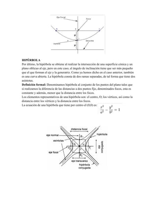 HIPÉRBOLA
Por último, la hipérbola se obtiene al realizar la intersección de una superficie cónica y un
plano oblicuo al eje, pero en este caso, el ángulo de inclinación tiene que ser más pequeño
que el que forman el eje y la generatriz. Como ya hemos dicho en el caso anterior, también
es una curva abierta. La hipérbola consta de dos ramas separadas, de tal forma que tiene dos
asíntotas.
Definición formal: Denominamos hipérbola al conjunto de los puntos del plano tales que
si realizamos la diferencia de las distancias a dos puntos fijo, denominados focos, esta es
constante y además, menor que la distancia entre los focos.
Los elementos representativos de una hipérbola son: el centro, O; los vértices, así como la
distancia entre los vértices y la distancia entre los focos.
La ecuación de una hipérbola que tiene por centro el (0,0) es:
 