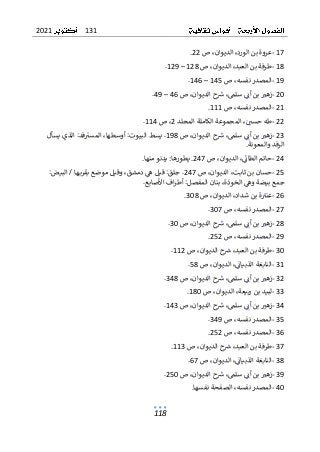 131
2021
118
17
-
ٌ،‫عروةٌبنٌالورد‬
ٌ‫ٌص‬،‫الديوان‬
22
ٌ
.
ٌ
18
-
ٌ‫ٌص‬،‫ٌالديوان‬،‫طرفةٌبنٌالعبد‬
128
ٌ
–
ٌ
129
ٌ
.
ٌ
19
-
ٌ‫ٌص‬،‫المصدرٌنفسه‬
145
ٌ
–
ٌ
146
ٌ
.
ٌ
20
-
ٌ‫ٌص‬،‫حٌالديوان‬ ٌ
‫ٌش‬،‫ٌسلم‬ٌٌ
‫ٌبنٌأئ‬ ٌ
‫زهت‬
ٌ ٌٌٌ ٌٌ ٌٌ ٌٌٌٌ ٌ ٌٌٌ ٌٌ ٌٌ ٌٌٌ ٌٌٌ ٌ ٌٌ
46
ٌ
–
ٌ
ٌ
49
ٌ
.
ٌ
21
-
ٌ‫ٌص‬،‫المصدرٌنفسه‬
111
ٌ
.
ٌ
22
-
‫ٌالمجموعةٌالكا‬،ٌ ٌ
‫طهٌحسي‬
ٌٌٌٌٌ ٌ ٌ ٌ ٌ ٌ ٌٌٌٌٌ ٌ ٌ ٌٌ ٌ ٌ
ٌ‫ملةٌالمجلد‬
2
ٌ
ٌ‫ٌص‬،
114
ٌ
.
ٌ
23
-
ٌ‫ٌص‬،‫حٌالديوان‬ ٌ
‫ٌش‬،‫ٌسلم‬ٌٌ
‫ٌبنٌأئ‬ ٌ
‫زهت‬
ٌ ٌٌٌ ٌٌ ٌٌ ٌٌٌٌ ٌ ٌٌٌ ٌٌ ٌٌ ٌٌٌ ٌٌٌ ٌ ٌٌ
198
ٌ
.
ٌ
‫يسطٌالبيوت‬
ٌ
:
ٌ
ٌ
‫د‬‫ف‬ٌ
‫ٌالمست‬،‫أوسطها‬
ٌٌٌ ٌ ٌ ٌٌٌٌٌٌ ٌ ٌ ٌ ٌٌ
ٌ
:
ٌ
ٌ
ٌ‫الذيٌيسأل‬
‫الرفدٌوالمعونة‬
.
ٌ
24
-
ٌ
ٌ‫ٌص‬،‫ٌالديوان‬،ٌ
ٌ
‫حاتمٌالطائ‬
ٌ
ٌ ٌٌٌ ٌٌ ٌٌ ٌٌٌٌٌ ٌٌ ٌٌٌٌ ٌٌٌ ٌ
247
ٌ
.
ٌ
ٌ
ٌ
‫ا‬‫يطوره‬
ٌ
:
ٌ
ٌ
ٌ
‫ا‬‫يدنوٌمنه‬
ٌ
.
ٌ
25
-
ٌ‫ٌص‬،‫ٌالديوان‬،‫حسانٌبنٌثابت‬
247
ٌ
.
ٌ
‫جلق‬
ٌ
:
ٌ
‫ٌالبيض‬/ٌ‫ها‬‫ٌوقيلٌموضعٌبقرب‬،‫ٌدمشق‬ٌ
‫قيلٌه‬
ٌ ٌٌٌٌٌٌٌٌٌ ٌٌٌٌٌ ٌٌٌ ٌ ٌ ٌ ٌٌ ٌٌٌ ٌٌٌ ٌ ٌ ٌ ٌٌ ٌٌ ٌٌٌ
ٌ
:
ٌ
ٌ
‫جمعٌب‬
‫ٌبنانٌالمفصل‬،‫ٌالخوذة‬ٌ
‫يضةٌوه‬
ٌٌ ٌ ٌ ٌٌٌٌ ٌٌٌٌٌٌٌ ٌ ٌ ٌٌٌٌ ٌ ٌٌ ٌ ٌٌ
ٌ
:
ٌ
‫افٌاألصابع‬‫ر‬‫أط‬
ٌ
.
ٌ
26
-
ٌ‫ٌص‬،‫ٌالديوان‬،‫ةٌبنٌشداد‬ٌ
‫عنت‬
ٌ ٌٌٌ ٌٌ ٌٌ ٌٌٌٌٌ ٌٌ ٌ ٌٌ ٌٌٌٌ ٌٌ ٌ
308
ٌ
.
ٌ
27
-
ٌ‫ٌص‬،‫المصدرٌنفسه‬
307
ٌ
.
ٌ
28
-
ٌ‫ٌص‬،‫حٌالديوان‬ ٌ
‫ٌش‬،‫ٌسلم‬ٌٌ
‫ٌبنٌأئ‬ ٌ
‫زهت‬
ٌ ٌٌٌ ٌٌ ٌٌ ٌٌٌٌ ٌ ٌٌٌ ٌٌ ٌٌ ٌٌٌ ٌٌٌ ٌ ٌٌ
30
ٌ
.
ٌ
29
-
‫ٌص‬،‫المصدرٌنفسه‬
ٌ
252
ٌ
.
ٌ
30
-
ٌ‫ٌص‬،‫حٌالديوان‬ ٌ
‫ٌش‬،‫طرفةٌبنٌالعبد‬
ٌ ٌٌٌ ٌٌ ٌٌ ٌٌٌٌ ٌ ٌٌٌ ٌٌ ٌٌٌٌ ٌٌٌ ٌٌٌ ٌ
112
ٌ
.
ٌ
31
-
ٌ‫ٌص‬،‫ٌالديوان‬،ٌ
ٌ
‫النابغةٌالذبيائ‬
ٌ ٌٌٌ ٌٌ ٌٌ ٌٌٌٌٌ ٌٌٌٌ ٌٌٌٌ ٌ ٌٌٌٌٌٌ
58
ٌ
.
ٌ
32
-
‫زه‬
ٌ‫ٌص‬،‫حٌالديوان‬ ٌ
‫ٌش‬،‫ٌسلم‬ٌٌ
‫ٌبنٌأئ‬ ٌ
‫ت‬
ٌ ٌٌٌ ٌٌ ٌٌ ٌٌٌٌ ٌ ٌٌٌ ٌٌ ٌٌ ٌٌٌ ٌٌٌ ٌ
348
ٌ
.
ٌ
33
-
ٌ‫ٌص‬،‫ٌالديوان‬،‫بيعة‬‫ر‬ٌ‫لبيدٌبن‬
180
ٌ
.
ٌ
34
-
ٌ‫ٌص‬،‫حٌالديوان‬ ٌ
‫ٌش‬،‫ٌسلم‬ٌٌ
‫ٌبنٌأئ‬ ٌ
‫زهت‬
ٌ ٌٌٌ ٌٌ ٌٌ ٌٌٌٌ ٌ ٌٌٌ ٌٌ ٌٌ ٌٌٌ ٌٌٌ ٌ ٌٌ
143
ٌ
.
ٌ
35
-
ٌ‫ٌص‬،‫المصدرٌنفسه‬
349
ٌ
.
ٌ
36
-
ٌ،‫المصدرٌنفسه‬
ٌ‫ص‬
252
ٌ
.
ٌ
37
-
ٌ‫ٌص‬،‫حٌالديوان‬ ٌ
‫ٌش‬،‫طرفةٌبنٌالعبد‬
ٌ ٌٌٌ ٌٌ ٌٌ ٌٌٌٌ ٌ ٌٌٌ ٌٌ ٌٌٌٌ ٌٌٌ ٌٌٌ ٌ
113
ٌ
.
ٌ
38
-
ٌ‫ٌص‬،‫ٌالديوان‬،ٌ
ٌ
‫النابغةٌالذبيائ‬
ٌ ٌٌٌ ٌٌ ٌٌ ٌٌٌٌٌ ٌٌٌٌ ٌٌٌٌ ٌ ٌٌٌٌٌٌ
67
ٌ
.
ٌ
39
-
ٌ‫ٌبن‬ ٌ
‫زهت‬
ٌ ٌٌٌ ٌ ٌٌ
ٌ‫ٌص‬،‫حٌالديوان‬ ٌ
‫ٌش‬،‫ٌسلم‬ٌٌ
‫أئ‬
ٌ ٌٌٌ ٌٌ ٌٌ ٌٌٌٌ ٌ ٌٌٌ ٌٌ ٌٌ ٌٌ
250
ٌ
.
ٌ
40
-
ٌ
‫ا‬‫ٌالصفحةٌنفسه‬،‫المصدرٌنفسه‬
ٌ
.
ٌ
 
