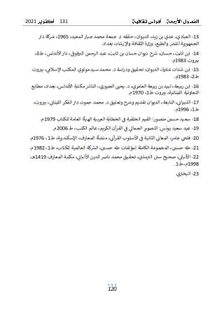 131
2021
120
13
-
ٌ
‫العبادي‬
،
ٌ
ٌ
‫د‬‫ي‬‫ز‬ٌ‫عديٌبن‬
،
ٌ
‫الديوان‬
،
ٌ
ٌ
‫د‬‫ٌجمعةٌمحمدٌجبارٌالمعي‬.‫حققهٌد‬
،
ٌ
1965
ٌ
،
ٌ
ٌ
ٌ‫كةٌدار‬ ٌ
‫ش‬
ٌ
ٌٌٌ ٌٌ ٌ ٌ ٌ
‫ٌوالطبع‬ ٌ
‫الجمهوريةٌللنش‬
ٌٌٌ ٌٌٌ ٌٌ ٌٌٌٌٌ ٌٌٌ ٌ ٌ ٌ ٌٌٌ
ٌ
،
ٌ
ٌ
‫د‬‫ارةٌالثقافةٌواإلرشا‬‫ز‬‫و‬
،
ٌ
ٌ
‫د‬‫بغدا‬
ٌ
.
ٌ
14
-
ٌ
‫ابنٌثابت‬
،
ٌ
‫حسان‬
،
ٌ
‫حٌديوا‬ ٌ
‫ش‬
ٌ
ٌ ٌٌ ٌٌ ٌ ٌ
‫نٌحسانٌبنٌثابت‬
،
ٌ
ٌٌ
ٌ
‫قوف‬ ٌ
‫عبدٌالرحمنٌالت‬
ٌ ٌ ٌٌ ٌٌٌٌ ٌ ٌ ٌٌٌٌٌ ٌٌ ٌ
ٌ
،
ٌ
‫دارٌاألندلس‬
،
ٌ
‫ط‬
3
،
ٌ
ٌ
ٌ‫وت‬ ٌ
‫بت‬
ٌ ٌ ٌ ٌٌ
1983
‫م‬
ٌ
.
ٌ
15
-
ٌ
‫ابنٌشدا‬
ٌ
‫د‬
ٌ
،
ٌ
‫ة‬ٌ
‫عنت‬
ٌٌ ٌٌ ٌ
،
ٌ
‫الديوان‬
،
ٌ
ٌ
ٌٌ
‫ٌمحمدٌسيدٌمولويٌالمكتبٌاإلسالم‬.‫اسةٌد‬‫ر‬‫تحقيقٌود‬
ٌ ٌ ٌ ٌ ٌٌٌ ٌٌ ٌ ٌٌٌٌ ٌ ٌٌ ٌ ٌٌ ٌٌ ٌٌ ٌ ٌ ٌ ٌٌٌ ٌٌ ٌ ٌٌٌ ٌ ٌٌ ٌٌ ٌ ٌٌ
،
ٌ
ٌ
ٌ‫وت‬ ٌ
‫بت‬
ٌ
ٌ ٌ ٌ ٌٌ
‫ط‬
2
،
ٌ
1983
‫م‬
ٌ
.
ٌ
16
-
ٌ
‫بيعة‬‫ر‬ٌ‫ابن‬
،
ٌ
‫بيعةٌالعامري‬‫ر‬ٌ‫لبيدٌبن‬
،
ٌ
‫ٌالجبوري‬ ٌ
‫ٌيحن‬.‫د‬
ٌ ٌٌ ٌٌ ٌٌٌٌ ٌ ٌٌٌٌ ٌ
،
ٌ
‫ٌمكتبةٌاألندلس‬ ٌ
‫الناش‬
ٌ ٌٌ ٌٌ ٌٌٌ ٌٌٌ ٌ ٌٌ ٌٌٌٌٌ
ٌ
،
ٌ
ٌ
‫د‬‫بغدا‬
،
ٌ
ٌ
ٌ‫مطابع‬
‫التع‬
‫اونيةٌاللبنانية‬
،
ٌ
‫وتٌط‬ ٌ
‫بت‬
ٌ ٌٌ ٌ ٌ ٌٌ
1
ٌ
،
ٌ
ٌ
1970
‫م‬
ٌ
.
ٌ
17
-
ٌ
ٌٌ
ٌ
‫الذبيائ‬
ٌ ٌٌٌٌ ٌٌٌ
،
ٌ
‫النابغة‬
،
ٌ
ٌ
‫و‬‫الدي‬
ٌ
‫د‬‫ٌمحمدٌحمو‬.‫حٌوتعليقٌد‬ ٌ
‫انٌتقديمٌوش‬
ٌٌ ٌ ٌ ٌٌ ٌ ٌ ٌ ٌٌٌ ٌٌ ٌٌٌ ٌٌ ٌٌ ٌ ٌ ٌٌ ٌٌ ٌ ٌٌٌ ٌٌ
،
ٌ
ٌٌ
ٌ
‫دارٌالفكرٌاللبنائ‬
ٌ ٌٌٌٌٌٌٌٌ ٌ ٌ ٌٌٌٌٌٌ ٌ
،
ٌ
‫وت‬ ٌ
‫بت‬
ٌ ٌ ٌ ٌٌ
،
ٌ
ٌ
‫ط‬
1
،
ٌ
1996
‫م‬
ٌ
.
ٌ
18
-
ٌ
ٌ
ٌ
‫ر‬‫ٌمنصو‬ٌ ٌ
‫سعيدٌحسي‬
ٌٌ ٌ ٌٌ ٌٌ ٌ ٌ ٌٌ ٌٌ ٌ ٌ
ٌ
:
ٌ
ٌ‫ٌالخطابةٌالعربيةٌالهيأةٌالعامةٌللكتاب‬ٌ
ٌ
‫القيمٌالخلقيةٌف‬
ٌ ٌٌٌ ٌٌٌٌ ٌ ٌٌ ٌٌٌٌٌٌٌ ٌٌٌٌ ٌٌٌٌ ٌٌٌٌ ٌٌٌ ٌ ٌٌٌٌ ٌٌ ٌٌ ٌٌ ٌٌٌٌ ٌٌ ٌٌٌ
1979
‫م‬
ٌ
.
ٌ
19
-
ٌ
ٌ
‫س‬‫عيدٌسعيدٌيون‬
ٌ
:
ٌ
ٌ
‫ا‬ٌٌ
ٌ
‫ٌف‬ٌ
‫التصويرٌالجماىل‬
ٌ
ٌٌ ٌٌ ٌٌ ٌ ٌٌٌٌ ٌٌ ٌ ٌٌٌٌ
‫آنٌالكريم‬
‫ر‬‫لق‬
ٌ
،
ٌ
‫عالمٌالكتب‬
،
ٌ
ٌ
ٌ‫ط‬
2006
‫م‬
ٌ
.
ٌ
20
-
ٌ
ٌ
ٌ
‫ر‬‫ٌعام‬ٌ
‫فتخ‬
ٌٌ ٌٌ ٌٌ ٌٌٌ
،
ٌ
ٌٌ
ٌ
‫آئ‬
‫ٌاألسلوبٌالقر‬ٌ
ٌ
‫ٌالثانيةٌف‬ٌ
ٌ
‫المعائ‬
ٌ ٌٌٌ ٌٌٌٌ ٌ ٌٌ ٌ ٌٌٌ ٌٌ ٌٌٌٌٌٌٌٌ ٌٌ ٌ ٌٌٌ
،
ٌ
‫منشأةٌالمعارف‬
،
ٌ
‫ية‬‫ر‬‫اإلسكند‬
،
ٌ
‫ط‬
1
،
ٌ
1976
‫م‬
ٌ
.
ٌ
21
-
ٌ
ٌ
ٌ ٌ
‫طهٌحسي‬
ٌ ٌ ٌ ٌٌ ٌ ٌ
ٌ
،
ٌ
ٌ
ٌ ٌ
‫المجموعةٌالكاملةٌلمؤلفاتٌطهٌحسي‬
ٌ ٌ ٌ ٌٌ ٌ ٌٌ ٌٌ ٌٌ ٌ ٌٌٌ ٌٌ ٌٌٌٌٌٌ ٌ ٌ ٌ ٌ ٌ ٌٌٌ
،
ٌ
‫كةٌالعالميةٌللكتاب‬ ٌ
‫الش‬
ٌ ٌٌٌ ٌٌٌٌ ٌٌ ٌٌٌ ٌٌٌٌ ٌ ٌ ٌٌٌ
،
ٌ
‫ط‬
1
ٌ
،
ٌ
1982
ٌ
‫م‬
ٌ
.
ٌ
22
-
ٌ
ٌٌ
ٌ
‫األلبائ‬
ٌ ٌٌٌٌ ٌٌ
،
ٌ
‫مذي‬ٌ
‫ٌالت‬ٌٌ
‫صحيحٌسي‬
ٌ ٌ ٌ ٌ ٌٌٌٌ ٌ ٌٌ ٌٌ ٌ ٌ
،
ٌ
‫تحقيقٌمحمدٌناضٌال‬
ٌٌ
ٌ
‫دينٌاأللبائ‬
ٌ ٌٌٌٌ ٌٌٌ ٌٌ ٌ
،
ٌ
ٌ‫مكتبةٌالمعارف‬
1419
ٌ
‫ه‬
،
ٌ
1998
‫م‬
ٌ
،
ٌ
‫ط‬
1
ٌ
.
ٌ
23
-
ٌ
ٌ
‫ي‬‫البخار‬
ٌ
 