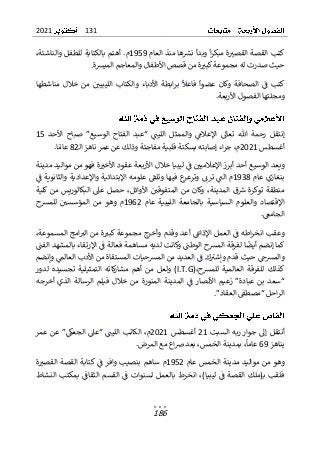 131
2021
186
‫ال‬ ‫كتب‬
‫ا‬‫ر‬‫مبك‬ ‫ة‬‫القصب‬ ‫قصة‬
‫العام‬ ‫منذ‬ ‫ها‬‫نرس‬ ‫وبدأ‬
1959
.‫م‬
،‫والناشئة‬ ‫للطفل‬ ‫بالكتابة‬ ‫أهتم‬
.‫الميرسة‬ ‫والمعاجم‬ ‫األطفال‬ ‫قصص‬ ‫من‬ ‫ة‬‫كبب‬‫مجموعة‬ ‫له‬ ‫صدرت‬ ‫حيث‬
‫عضوا‬ ‫وكان‬ ‫الصحافة‬ ‫ف‬ ‫كتب‬
‫فاعل‬
‫مناشطها‬ ‫خالل‬ ‫من‬ ‫الليبيي‬ ‫والكتاب‬ ‫األدباء‬ ‫ابطة‬‫ر‬‫ب‬
.‫األربعة‬ ‫الفصول‬ ‫ومجلتها‬
‫األحد‬ ‫صباح‬ ”‫الوسيع‬ ‫الفتاح‬ ‫“عبد‬ ‫الليت‬ ‫والممثل‬ ‫اإلعالم‬ ‫تعال‬ ‫هللا‬ ‫رحمة‬ ‫إنتقل‬
15
‫أغسطس‬
2021
‫م‬
،
‫ـ‬‫ل‬‫ا‬ ‫ناهز‬ ‫عمر‬ ‫عن‬ ‫وذلك‬ ‫مفاجئة‬ ‫قلبية‬ ‫بسكتة‬ ‫إصابته‬ ‫اء‬‫ر‬‫ج‬
82
‫ا‬‫عام‬
.
‫األ‬ ‫عقود‬ ‫األربعة‬ ‫خالل‬ ‫ليبيا‬ ‫ف‬ ‫اإلعالميي‬ ‫أبرز‬ ‫أحد‬ ‫الوسيع‬ ‫ويعد‬
‫خب‬
‫فهو‬ ‫ة‬
‫مدينة‬ ‫مواليد‬ ‫من‬
‫عام‬ ‫بنغازي‬
1938
‫ف‬ ‫والثانوية‬ ‫واإلعدادية‬ ‫اإلبتدائية‬ ‫علومه‬ ‫وتلق‬ ‫فيها‬ ‫ع‬
‫وترعر‬ ‫ترن‬ ‫الت‬ ‫م‬
‫كلية‬ ‫من‬ ‫البكالوريس‬ ‫عىل‬ ‫حصل‬ ،‫األوائل‬ ‫المتفوقي‬ ‫من‬ ‫وكان‬ ،‫المدينة‬ ‫ق‬‫ش‬ ‫توكرة‬ ‫منطقة‬
‫عام‬ ‫الليبية‬ ‫بالجامعة‬ ‫السياسية‬ ‫والعلوم‬ ‫اإلقتصاد‬
1962
‫المؤسس‬ ‫من‬ ‫وهو‬ ‫م‬
‫ي‬
‫للمرسح‬
.‫الجامىع‬
،‫المسموعة‬ ‫امج‬‫الب‬ ‫من‬ ‫ة‬‫كبب‬ ‫مجموعة‬ ‫وأخرج‬ ‫وقدم‬ ‫أعد‬ ‫اإلذاغ‬ ‫العمل‬ ‫ف‬ ‫اطه‬‫ر‬‫انخ‬ ‫وعقب‬
‫الفت‬ ‫بالمشهد‬ ‫اإلرتقاء‬ ‫ف‬ ‫فعالة‬ ‫مساهمة‬ ‫لديه‬ ‫وكانت‬ ‫الوطت‬ ‫المرسح‬ ‫لفرقة‬ ‫ا‬‫أيض‬ ‫إنضم‬ ‫كما‬
‫العالم‬ ‫األدب‬ ‫من‬ ‫المستقاة‬ ‫المرسحيات‬ ‫من‬ ‫العديد‬ ‫ف‬ ‫ك‬‫وإشب‬ ‫قدم‬ ‫حيث‬ ‫والمرسح‬
‫وإ‬
‫نضم‬
‫كذل‬
(،‫للمرسح‬ ‫العالمية‬ ‫للفرقة‬ ‫ك‬
l.T.G
‫لدور‬ ‫تجسيده‬ ‫التمثيلية‬ ‫كاته‬
‫ر‬‫مشا‬ ‫أهم‬ ‫من‬ ‫ولعل‬ )
‫أخرجه‬ ‫الذي‬ ‫الرسالة‬ ‫فيلم‬ ‫خالل‬ ‫من‬ ‫المنورة‬ ‫المدينة‬ ‫ف‬ ‫األنصار‬ ‫زعيم‬ ”‫عبادة‬ ‫بن‬ ‫“سعد‬
‫احل‬‫ر‬‫ال‬
‫العقاد‬ ‫“مصطق‬
"
.
‫السبت‬ ‫ربه‬ ‫جوار‬ ‫إل‬ ‫أنتقل‬
21
‫أغسطس‬
2021
،‫م‬
‫ا‬
‫ا‬ ‫لكاتب‬
‫عمر‬ ‫عن‬ ”‫الجعك‬ ‫“عىل‬ ‫لليت‬
‫يناهز‬
69
‫ب‬ ،‫عاما‬
‫م‬
.‫المرض‬ ‫مع‬ ‫اع‬‫ص‬ ‫بعد‬ ،‫الخمس‬ ‫دينة‬
‫عام‬ ‫الخمس‬ ‫مدينة‬ ‫مواليد‬ ‫من‬ ‫وهو‬
1952
‫ة‬‫القصب‬ ‫القصة‬ ‫كتابة‬ ‫ف‬ ‫وافر‬ ‫بنصيب‬ ‫ساهم‬ ‫م‬
‫النشاط‬ ‫بمكتب‬ ‫الثقاف‬ ‫القسم‬ ‫ف‬ ‫لسنوات‬ ‫بالعمل‬ ‫انخرط‬ ،)‫ليبيا‬ ‫ف‬ ‫القصة‬ ‫ـ(ملك‬‫ب‬ ‫فلقب‬
 