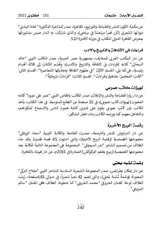 131
2021
192
”‫البشت‬ ‫“غادة‬ ‫الدكتورة‬ ‫للشاعرة‬ ‫صدر‬ ،‫القاهرة‬ ،‫ـع‬‫ـ‬‫ـ‬‫ـ‬‫ي‬‫والتوز‬ ‫والطباعة‬ ‫للنرس‬ ‫الكون‬ ‫مكتبة‬ ‫عن‬
‫ا‬‫ر‬‫قم‬ ‫(كن‬ ‫الشعري‬ ‫ديوانها‬
‫مرتعشا‬
‫اتها‬‫ر‬‫منشو‬ ‫ضمن‬ ‫الدار‬ ‫به‬ ‫كت‬
‫شار‬ ‫والذي‬ ،)‫بياض‬ ‫ف‬
‫ـ‬‫ل‬‫ا‬ ‫ة‬‫األخب‬ ‫دورته‬ ‫ف‬ ‫للكتاب‬ ‫الدول‬ ‫القاهرة‬ ‫بمعرض‬
52
.
‫“خالد‬ ‫الليت‬ ‫للكاتب‬ ‫صدر‬ ،‫العربية‬ ‫مض‬ ‫بجمهورية‬ ،‫للمعارف‬ ‫العرن‬ ‫المكتب‬ ‫دار‬ ‫عن‬
،)‫واألدب‬ ‫ـخ‬‫ـ‬‫ـ‬‫ـ‬‫ي‬‫والتار‬ ‫الثقافة‬ ‫ف‬ ‫اءات‬‫ر‬‫(ق‬ ‫كتابه‬ ”‫السحان‬
‫و‬
‫أقسام‬ ‫ثالثة‬ ‫إل‬ ‫الكتاب‬ ‫م‬‫س‬‫ق‬
:‫يىل‬ ‫كما‬ ‫ه‬ ،‫رئيسية‬
‫ـا‬‫ـ‬‫ع‬‫الم‬ ‫ياتها‬‫وتجل‬ ‫ـافة‬‫ق‬‫الث‬ ‫وم‬‫مفه‬ ‫“ف‬ :‫ل‬‫األو‬ ‫ـم‬‫س‬‫الق‬
‫ـ‬‫ص‬
.”‫رة‬
‫ال‬
:‫الثان‬ ‫قسم‬
.”‫اءات‬‫ر‬‫ـ‬‫ق‬‫و‬ ‫مفاهيم‬ :‫ـر‬‫ص‬‫عا‬‫الم‬ ‫“األدب‬
.”‫ـة‬‫ـاريخي‬‫ت‬ ‫اءات‬‫ر‬‫ـ‬‫ق‬“ :‫الثالث‬ ‫القسم‬
‫كتابه‬ ”‫عبود‬ ‫عىل‬ ‫“عمر‬ ‫الليت‬ ‫والقاص‬ ‫للكاتب‬ ‫صدر‬ ،‫واإلعالن‬ ‫والنرس‬ ‫للطباعة‬ ‫رؤيا‬ ‫دار‬ ‫عن‬
‫ف‬ ،)‫عموم‬ ‫كاتب‬ ‫(تهيؤات‬ ‫المعنون‬
55
‫المت‬ ‫القطع‬ ‫من‬ ‫صفحة‬
‫وس‬
.‫ط‬
‫ه‬ ‫ف‬
‫يأخذ‬ ،‫الكتاب‬ ‫ذا‬
،‫لشكواهم‬ ‫واالستماع‬ ‫الناس‬ ‫هموم‬ ‫كتابة‬ ‫تدوين‬ ‫عىل‬ ‫يقوم‬ ‫عموم‬ ‫كاتب‬ ‫دور‬ ‫الكاتب‬
.‫الشاكي‬ ‫فعل‬ ‫ردات‬ ‫الكاتب‬ ‫ويرصد‬ ‫كما‬.‫معهم‬ ‫والتفاعل‬
”‫الورفىل‬ ‫“سعاد‬ ‫الليبية‬ ‫والكاتبة‬ ‫للقاصة‬ ‫صدرت‬ ،‫جمة‬‫والب‬ ‫للنرس‬ ‫اويش‬‫ر‬‫الد‬ ‫دار‬ ‫عن‬
‫القص‬ ‫مجموعتها‬
‫صي‬
‫(رقصة‬ ‫ة‬
‫احتوت‬ ‫والت‬ ،)‫ة‬‫األخب‬ ‫ـح‬‫ـ‬‫ـ‬‫ـ‬‫ي‬‫الر‬
45
‫جاء‬ ‫وقد‬ .‫ة‬‫قصب‬ ‫قصة‬
‫بعد‬ ‫للكاتبة‬ ‫الثانية‬ ‫المجموعة‬ ‫ه‬ ‫المجموعة‬ .”‫السويىط‬ ‫“بدر‬ ‫الشاعر‬ ‫تصميم‬ ‫من‬ ‫الغالف‬
‫ف‬ ‫الصادرة‬ )‫كوكش‬
‫الب‬ ‫بطعم‬ ‫(ربيع‬ ‫القصصية‬ ‫مجموعتها‬
2015
.‫بالقاهرة‬ ،‫هيبتا‬ ‫دار‬ ‫عن‬ ،‫م‬
‫اب‬‫ر‬‫بط‬ ‫إمكان‬ ‫دار‬ ‫عن‬
‫لس‬
‫ا‬ ‫صدر‬ ،
”‫ك‬‫الب‬ ‫“مفتاح‬ ‫الليت‬ ‫للشاعر‬ ‫السادسة‬ ‫الشعرية‬ ‫لمجموعة‬
‫تضم‬ ‫والت‬ ،)‫حت‬‫ب‬ ‫شبه‬‫ت‬ ‫(وشمة‬ ‫المعنونة‬
42
‫حوال‬ ‫ف‬ ،‫شعريا‬ ‫نصا‬
183
‫زينت‬ ،‫صفحة‬
‫“سالم‬ ‫للفنان‬ ‫فه‬ ‫الغالف‬ ‫خطوط‬ ‫أما‬ ”‫الخرون‬ ‫“محمد‬ ‫الحروف‬ ‫للفنان‬ ‫لوحة‬ ‫الغالف‬
.”‫المزوغ‬
 