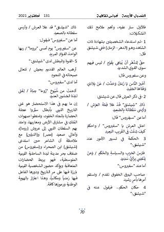 131
2021
70
،‫عليه‬ ٌ‫سار‬ ٌ‫فاألول‬
ٌ ٌ
ٌ
ٌ‫تلك‬ ٌ‫مالمح‬ ٌ‫وأهم‬
‫التشكيالت‬
:
ٌ
1
-
ٌ
ٌ‫ٌبشهادةٌذات‬ٌ ٌ
‫تمٌاستدعاءٌالشخصيتي‬
ٌ
ٌ ٌٌ ٌٌٌ ٌٌ ٌ ٌٌٌ ٌٌٌ ٌ ٌ ٌٌٌٌ ٌٌ ٌ ٌٌ ٌٌٌ ٌٌ
‫الشاهدٌوهوٌ(الدهر‬
-
ٌٌ
ٌ
ٌ‫ٌشيشنق‬ٌ
ٌ
‫الزمان)ٌفق‬
ٌ
ٌ ٌٌ ٌٌ ٌٌ ٌٌٌٌ ٌٌ ٌٌٌٌ
‫قال‬
:
ٌ
ٌٌ
ٌ
‫ن‬
ٌ
‫أ‬ ٌٌ
‫ر‬
ٌ
‫ه‬
ٌ
‫لد‬ٌ‫ل‬ ٌ
ٌ
‫حق‬
ٌٌ ٌٌ ٌ ٌ ٌ ٌٌٌ ٌ ٌ ٌ
ٌٌٌ
‫م‬ٌ
‫و‬
ٌ
‫ق‬ٌ‫ب‬ ٌٌ ٌ
‫باه‬ٌ‫ي‬
ٌٌ ٌ ٌ ٌٌ ٌ ٌٌٌٌ
ٌ
/
ٌٌ
ٌ
ٌ‫فيهم‬ ٌ‫ليس‬
ٌ
ٌ
‫د‬‫سوىٌالقويٌالشدي‬
ٌٌٌ ٌ ٌٌٌٌ ٌ ٌ ٌٌٌٌ ٌ ٌ ٌ
ٌ
‫وسٌقال‬ ٌ
‫وعنٌسفت‬
ٌٌٌٌٌ ٌ ٌ ٌ ٌ ٌٌ ٌ ٌ ٌ
:
ٌ
ٌ
ٌ
ٌٌ‫ث‬
ٌ
‫د‬ٌ
‫ح‬ٌ
‫و‬ٌ
ٌ
‫ان‬ٌ‫م‬
ٌ
‫ز‬ٌ‫ا‬ٌ‫ي‬ٌٌ
‫اس‬
ٌ
‫الن‬ٌٌ
ٌ
ٌ
‫ت‬
ٌ
‫خ‬
ٌ
‫أ‬
ٌٌ ٌ ٌ ٌ ٌٌ ٌٌ ٌٌٌٌٌٌ ٌٌٌٌٌٌ ٌ ٌٌ
ٌ
/
ٌٌ
ٌ
ٌ‫دي‬
ٌ
‫ال‬ٌ‫ب‬ٌٌ
‫ن‬
ٌ
‫ع‬
ٌ
ٌ ٌ ٌ ٌٌٌ ٌ ٌ
‫ا‬
ٌ
‫ت‬
ٌ
‫ف‬ٌ
‫و‬
ٌ
ٌٌٌ ٌ
ٌ
ٌ
‫د‬‫ي‬ٌ‫ل‬ٌ
‫اٌالج‬
ٌ
‫ه‬
ٌٌٌٌ ٌٌٌٌٌ ٌ
ٌ
2
-
‫ٌذكرٌالعرشٌقالٌعنٌشيشنق‬ٌ
ٌ
‫ف‬
ٌ ٌٌ ٌٌ ٌٌ ٌ ٌٌ ٌٌٌٌ ٌٌ ٌٌٌٌ ٌ ٌٌٌ ٌ
:
ٌ
ٌٌ
‫ش‬ٌ
‫ر‬ٌ‫الع‬ ٌ
ٌ
‫ة‬ٌ‫م‬ٌ‫ق‬ ٌ
ٌ
‫ال‬
ٌ
‫ع‬ ٌ
ٌ
‫د‬
ٌ
‫ق‬ ٌ"‫يشنق‬ٌ
‫"ش‬ ٌ
ٌ
‫اك‬
ٌ
‫ذ‬
ٌ ٌٌ ٌٌٌ ٌ ٌ ٌٌ ٌ ٌ ٌ ٌ ٌٌ ٌ ٌ ٌٌ ٌٌ ٌ ٌ ٌ ٌٌ ٌ
ٌٌ
ٌ
/
ٌ
ٌ
ٌ
ٌ
‫د‬‫ي‬ٌ
‫ع‬ٌ
‫الص‬ٌ‫ٌب‬
ٌ
‫ه‬
ٌ
‫ان‬
ٌ
‫ط‬
ٌ
‫ل‬ٌ
‫ٌس‬ ٌ
‫س‬ٌ
‫ر‬
ٌ
‫أ‬ٌ
‫و‬
ٌٌٌ ٌ ٌٌٌٌٌ ٌٌٌ ٌٌ ٌٌ ٌٌٌ ٌ
ٌ
ٌ‫أما‬
"ٌ‫عن‬
‫سيفروس"ٌقال‬
:
ٌ
ٌٌ"‫وس‬ ٌ
‫"سفت‬ ٌ‫يا‬ ٌٌ
‫العرش‬ ٌٌ
‫اعتل‬
ٌٌ ٌ ٌ ٌ ٌ ٌ ٌ ٌ ٌٌٌ ٌ ٌٌ ٌٌٌ ٌ ٌٌ ٌٌ
ٌ
/
ٌٌ
ٌ
ٌٌ
‫واحكم‬
ٌ
ٌ ٌٌ ٌٌ ٌ
ٌ
ٌ
‫د‬‫ي‬ٌ
‫ع‬ٌ‫ٌالب‬ ٌ
‫يب‬ٌ
‫ر‬
ٌ
‫ٌالق‬ٌٌ
ٌ
‫ٌف‬
ٌ
‫ت‬
ٌ
‫ئ‬ٌ
‫ٌش‬ٌ
‫كيف‬
ٌٌٌ ٌٌٌٌٌ ٌٌٌ ٌٌٌٌ ٌٌ ٌٌ ٌٌ ٌٌ ٌ
ٌ
3
-
ٌ
ٌ‫عند‬ ٌ‫األمور‬ ٌ ٌ
‫تسيت‬ ٌٌ
ٌ
‫ف‬ ٌ‫الحكمة‬
ٌ
ٌ ٌٌ ٌ ٌٌ ٌ ٌ ٌٌ ٌ ٌٌ ٌٌ ٌ ٌ ٌ ٌ ٌٌ ٌٌٌ
‫"شيشنق‬
":
ٌ
ٌٌٌ
‫م‬
ٌ
‫ك‬ٌ
‫والح‬ ٌٌ‫ة‬‫والسياس‬ ٌ ٌ
‫ب‬ٌ
‫ر‬ٌ
‫الح‬ ٌٌ
‫فارس‬
ٌٌ ٌٌ ٌٌٌ ٌ ٌ ٌ ٌٌٌ ٌٌٌ ٌ ٌ ٌٌ ٌٌٌ ٌ ٌٌٌٌ
ٌ
/
ٌٌ
ٌ
ٌٌ
‫ن‬ٌ‫م‬ٌ
‫و‬
ٌ
ٌ ٌ ٌ ٌ
ٌ
ٌ
‫د‬‫ي‬ٌ
‫د‬ٌ
‫ٌس‬ٌ
‫أي‬ٌ
‫ر‬ٌ‫ٌب‬ٌ ٌ
ٌ
‫ض‬
ٌ
‫ت‬
ٌ
‫ن‬ٌ‫ي‬
ٌٌٌ ٌ ٌٌ ٌٌٌٌٌ ٌٌٌٌ
ٌ
‫وس‬ ٌ
‫أماٌعندٌ"سفت‬
ٌ ٌ ٌ ٌ ٌ ٌ ٌٌ ٌٌ ٌٌٌ ٌٌ
":
ٌ
ٌٌ‫تقدم‬ ٌ‫الخفوق‬ ٌ‫ق‬ ٌ
‫البت‬ ٌ‫صاحب‬
ٌٌ ٌ ٌ ٌٌ ٌ ٌ ٌ ٌ ٌٌٌ ٌ ٌ ٌٌٌٌ ٌ ٌ ٌٌ ٌ
ٌ
/
ٌٌ
ٌ
ٌ‫واستلم‬
ٌ
‫ا‬‫أمره‬
ٌ
ٌ
‫د‬‫ٌرشي‬ٌ
‫بأمر‬
ٌٌٌ ٌٌٌ ٌ ٌٌٌ
ٌ
4
-
‫الحكم‬ ٌ‫مكان‬
ٌ
.
ٌ
.
ٌ ٌ
ٌ
ٌٌ
ٌ
‫ف‬ ٌ‫عنه‬ ٌ‫فيقول‬
ٌ
ٌ ٌ ٌ ٌٌ ٌ ٌ ٌ ٌ ٌٌٌ
‫"شيشنق‬
":
ٌ
ٌٌ‫العرش‬ٌ‫عال‬ٌ‫قد‬ٌ"‫"شيشنق‬ ٌ‫ذاك‬
ٌ
/
ٌٌ
ٌ
ٌ‫وأرس‬
ٌ
‫د‬‫سلطانهٌبالصعي‬
ٌ
‫وس"ٌفيقول‬ ٌ
‫أماٌعنٌ"سفت‬
ٌٌ ٌ ٌٌٌٌ ٌ ٌ ٌ ٌ ٌ ٌ ٌٌ ٌ ٌٌٌ ٌٌ
:
ٌ
ٌ
ٌ"‫وس"ٌيومٌأمَسٌ"بروما‬ ٌ
‫عنٌ"سفت‬
ٌ
ٌ ٌٌ ٌ ٌٌٌ ٌٌ ٌ ٌٌٌ ٌ ٌٌٌ ٌ ٌ ٌ ٌ ٌ ٌ ٌٌ ٌ ٌ
ٌ
/
ٌ
ٌ
ٌ
ٌ‫ها‬‫رب‬
ٌ
ٌ
‫د‬‫ٌالمري‬ٌ‫د‬‫ٌالفؤا‬
ٌ
‫الواحد‬
ٌٌٌٌ ٌٌٌٌ ٌٌ ٌ ٌٌٌٌ ٌ ٌٌ ٌٌٌ
ٌ
5
-
‫القوةٌوالبطشٌلدىٌ"شيشنق‬
":
ٌ
ٌ ٌ‫بجيش‬ ٌ‫القديم‬ ٌ‫العالم‬ ٌ‫أرهب‬
ٌ
/
ٌ ٌ
ٌ
ٌ‫تتعاىل‬
ٌٌ
ٌ
‫صيحاتهٌف‬
ٌ ٌٌ ٌٌٌ ٌٌ ٌ
ٌ
ٌ
‫النجود‬
ٌٌ ٌ ٌٌٌٌ
ٌ
‫وس‬ ٌ
‫أماٌلدىٌ"سفت‬
ٌ ٌ ٌ ٌ ٌ ٌ ٌٌ ٌ ٌٌٌٌ ٌٌ
":
ٌ
ٌ
ٌ‫اه‬ٌ‫ب‬ٌ
‫ج‬ ٌ"‫وما‬ٌ
‫"ر‬ ٌٌ
‫وخ‬ٌ‫ي‬
ٌ
‫ش‬ ٌ‫من‬ ٌ
ٌ
‫أذعنت‬
ٌٌٌٌ ٌ ٌ ٌٌ ٌ ٌٌ ٌ ٌ ٌٌٌ ٌ ٌ ٌ ٌ ٌ ٌٌ ٌ ٌٌ
ٌٌ
ٌ
/
ٌٌ
ٌ
ٌ ٌ
ٌ
‫ن‬
ٌ
‫ف‬ٌ‫ل‬
ٌ
ٌ ٌ ٌٌ
ٌ
ٌ
‫د‬‫ٌالعني‬ٌ
‫ور‬ٌ
‫س‬ٌ
‫ةٌالج‬
ٌ
‫د‬ٌ‫لب‬
ٌٌٌٌ ٌٌٌٌٌ ٌ ٌ ٌٌٌٌٌ ٌٌٌ
ٌ
ٌ
ٌ ٌ
‫غن‬ ٌ‫هو‬ ٌ‫االستحضار‬ ٌ‫هذا‬ ٌٌ
ٌ
‫ف‬ ٌ‫يهم‬ ٌ‫ما‬ ٌ‫إن‬
ٌ
ٌ ٌ ٌ ٌ ٌ ٌ ٌٌٌ ٌ ٌٌ ٌ ٌٌ ٌٌ ٌ ٌ ٌ ٌ ٌ ٌ ٌٌ ٌٌ ٌ ٌ ٌٌ
ٌ
ٌ‫عجلة‬ ٌ‫وا‬ ٌ
ٌ
‫ست‬ ٌ‫بأبطال‬ ٌٌٌ
‫اللين‬ ٌ‫خ‬ ‫التاري‬
ٌ
ٌ ٌٌ ٌ ٌ ٌٌ ٌ ٌ ٌ ٌ ٌٌ ٌٌٌٌ ٌ ٌٌٌٌٌ ٌ ٌٌٌٌٌٌٌٌٌٌٌ
ٌ
ٌ‫ٌوامتطواٌصهوات‬،‫الحضارةٌباتجاهٌالخلود‬
ٌ
ٌ‫وامتد‬ٌ،‫ها‬‫ومغارب‬ٌ‫األرض‬ٌ‫مشارق‬ٌٌ
ٌ
‫ف‬ٌٌ
‫لك‬ٌ‫الم‬
ٌ
ٌ ٌٌ ٌٌ ٌٌٌٌ ٌٌٌٌٌٌ ٌ ٌ ٌٌ ٌٌ ٌٌٌ ٌٌٌ ٌ ٌٌ ٌٌ ٌٌ ٌٌٌ
‫الل‬ ٌ‫السلطان‬ ٌ‫بهم‬
‫إىل‬ ٌٌٌ
‫ين‬
ٌ ٌٌ ٌ ٌٌ
ٌ
ٌ،)‫(روما‬ ٌ‫عروش‬ ٌ
ٌ
ٌ‫مع‬ ٌ)ٌ ٌ
‫و(النيلي‬ ٌ)‫(مرص‬ ٌ‫صعيد‬ ٌٌ
‫وأعاىل‬
ٌ
ٌ ٌ ٌ ٌٌ ٌٌٌٌٌٌٌ ٌ ٌٌ ٌ ٌٌ ٌ ٌٌ ٌ ٌ ٌ ٌٌ ٌٌ ٌ
ٌ
ٌ‫استدع‬ ٌٌ ٌ
‫حي‬ ٌ‫الشاعر‬ ٌ‫أن‬ ٌ‫مالحظة‬
ٌ
ٌ ٌ ٌٌ ٌٌ ٌ ٌ ٌ ٌ ٌ ٌٌ ٌٌٌ ٌ ٌٌ ٌ ٌ ٌ ٌ ٌ ٌ
ٌ
ٌ‫من‬ ٌ)‫وس‬ ٌ
‫و(سفت‬ ٌ‫اء‬‫ر‬‫الصح‬ ٌ‫ابن‬ ٌ)‫(شيشنق‬
ٌ
ٌ ٌ ٌ ٌٌ ٌ ٌ ٌ ٌ ٌٌ ٌ ٌ ٌٌٌ ٌ ٌٌٌ ٌ ٌٌٌ ٌٌ ٌٌ ٌٌ ٌٌ
ٌ
ٌ‫الليبية‬ٌ‫الساحلية‬ٌ‫لبدة‬ٌ‫مدينة‬ٌ‫بحر‬ٌ‫ضفاف‬
ٌ
ٌ‫ات‬‫ر‬‫الحضا‬ ٌ‫يربط‬ ٌ‫فهو‬ ٌ،‫المتوسطية‬
ٌ
ٌ‫المتعاقبةٌويؤكدٌحضورٌالشخصيةٌالليبية‬
ٌ
‫ل‬‫الفاع‬ٌ‫ودورها‬ٌ‫خ‬ ‫التاري‬ٌ‫مر‬ٌ‫عىل‬ٌ‫فيها‬ٌ‫بارزة‬
ٌ
ٌ
ٌٌ‫فيها‬
ٌ
ٌ‫بالهوية‬ ٌ‫از‬ٌٌ
‫اعت‬ ٌ‫وهذا‬ ٌ،
ٌ
‫ومكانيا‬ ٌ
ٌ
‫زمنيا‬
ٌ
ٌ ٌٌ ٌ ٌٌٌٌ ٌٌٌ ٌ ٌٌ ٌٌ ٌ ٌ ٌ ٌٌٌٌٌٌٌ ٌ ٌ ٌٌٌٌ ٌٌ
‫الوطنيةٌورموزهاٌكافة‬
.
ٌ
 