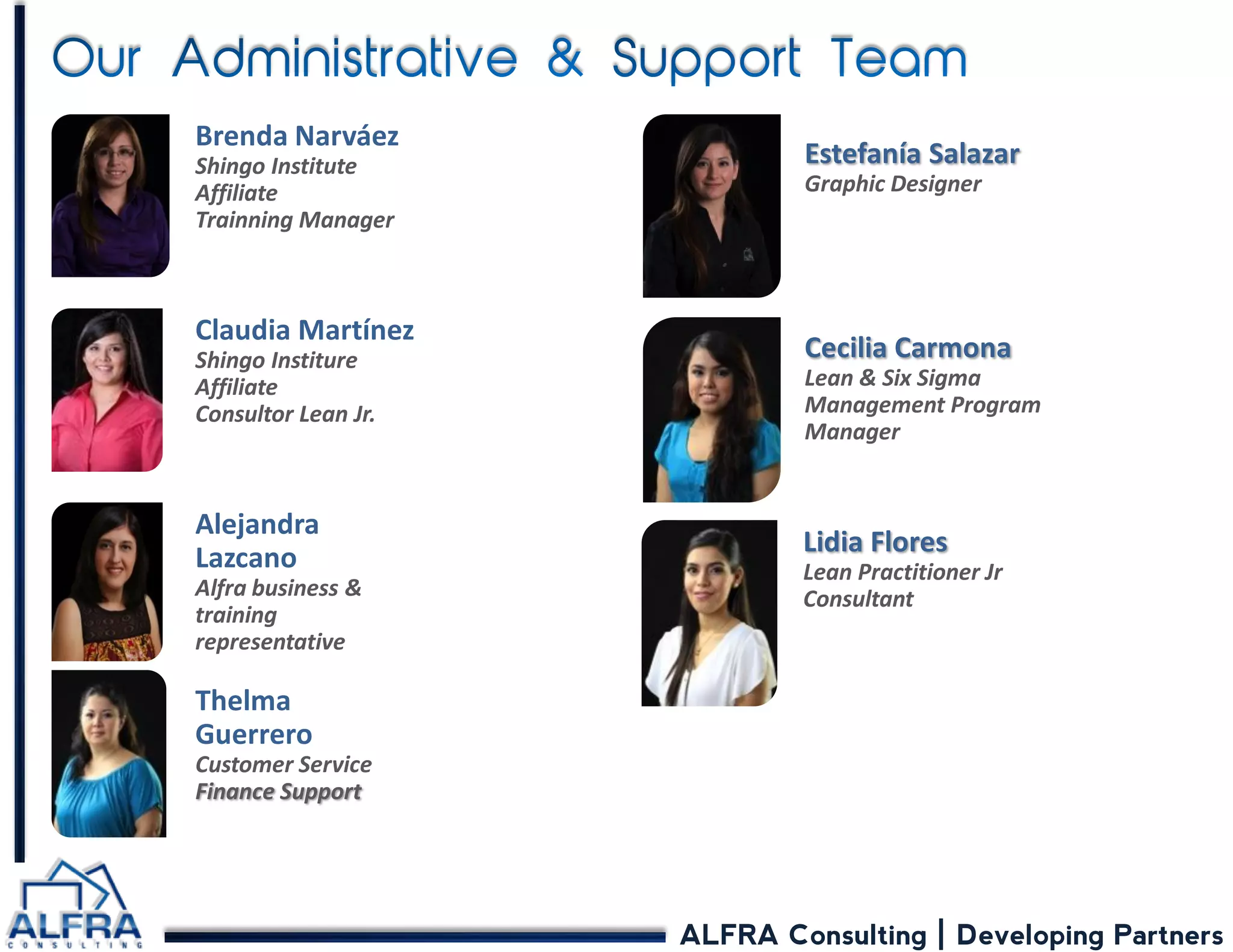 ALFRA Consulting | Developing Partners Estefanía Salazar Graphic Designer 
Brenda Narváez Shingo Institute Affiliate Trainning Manager 
Alejandra Lazcano Alfra business & training representative Claudia Martínez Shingo Institure Affiliate Consultor Lean Jr. 
Cecilia Carmona 
Lean & Six Sigma Management Program Manager 
Lidia Flores Lean Practitioner Jr Consultant Thelma Guerrero Customer Service Finance Support  