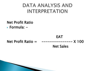 Net Profit Ratio
 Formula: -


                            EAT
Net Profit Ratio =   --------------- X 100
                          Net Sales
 