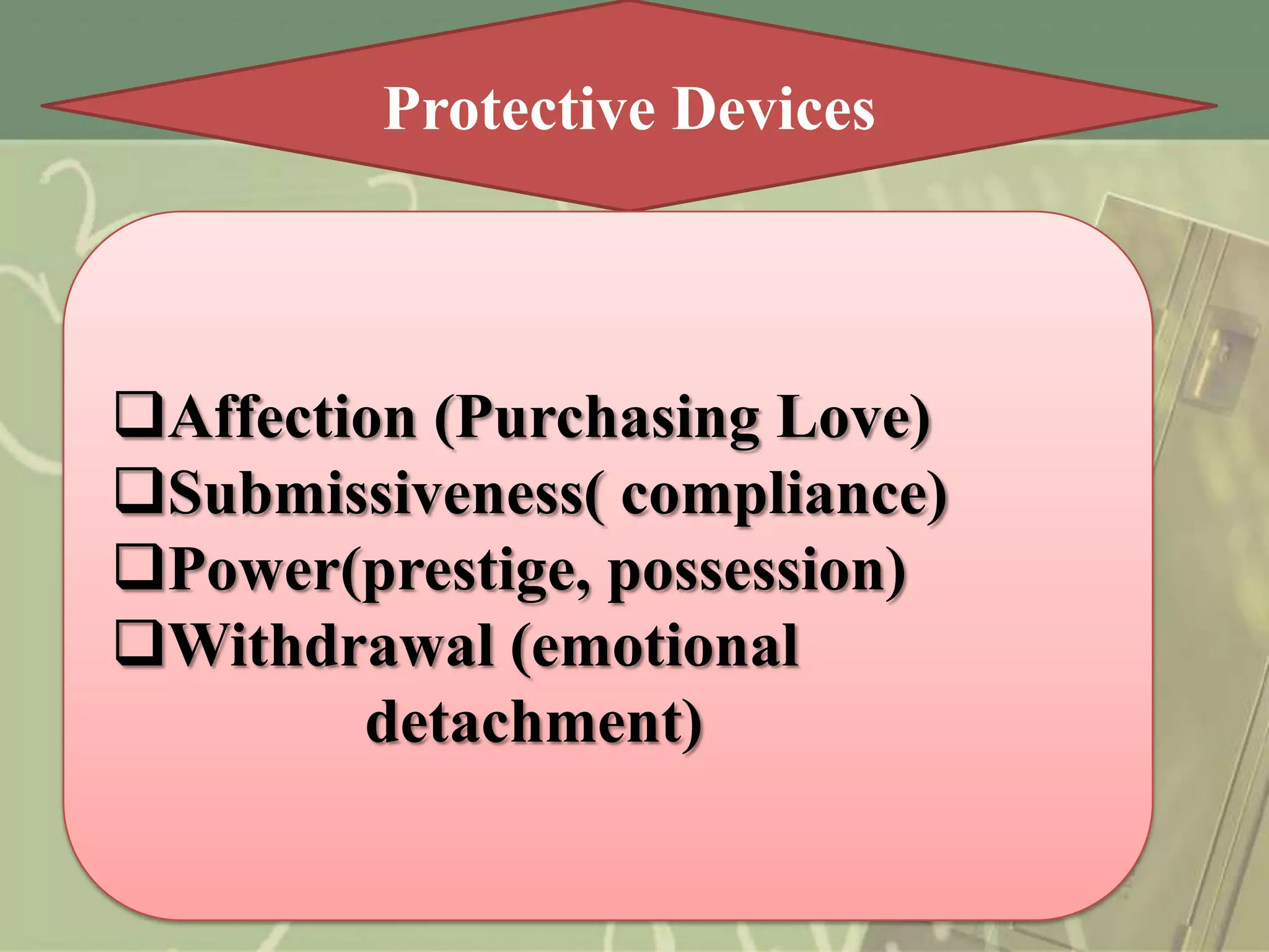 Protective Devices

Affection (Purchasing Love)
Submissiveness( compliance)
Power(prestige, possession)
Withdrawal (emotional
detachment)

 