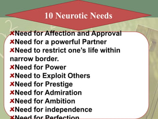 10 Neurotic Needs
Need for Affection and Approval
Need for a powerful Partner
Need to restrict one’s life within
narrow border.
Need for Power
Need to Exploit Others
Need for Prestige
Need for Admiration
Need for Ambition
Need for independence

 