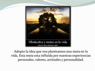 Adopto la idea que nos planteamos una meta en la
vida, Esta meta esta influida por nuestras experiencias
personales, valores, actitudes y personalidad.
 