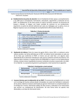Secretaría Técnica del Consejo Nacional de Planificación | 3
GAD
Fases del Plan de Desarrollo y Ordenamiento Territorial Plazo ampliado para el reporte.
2015
Fuente: Consejo Nacional de Planificación: Resolución CNP-003-2014, Resolución CNP-004-2015.
Elaboración: Senplades
a) Establecimiento de puntos de atención: Con la finalidad de brindar apoyo y acompañamiento
a los GAD para la actualización, formulación, articulación, seguimiento y evaluación de los
PDOT. Se establecieron 25 de estos puntos en todo el territorio nacional. Las provincias de
Guayas y Manabí, al integrar una mayor cantidad de cantones en sus jurisdicciones,
requirieron un punto de atención adicional por cada una. Galápagos, por su parte, al ser un
Régimen Especial, tuvo una estrategia de acompañamiento diferenciada (Tabla No.2).
Tabla No. 2. Puntos de atención
Zona Puntos de Atención
1 Ibarra, Tulcán, Lago Agrio y Esmeraldas
2 Quito, Tena y El Coca. El PAP de Quito atendió a los cantones de la Zona 9
3 Latacunga, Ambato, Riobamba y Puyo
4 Portoviejo (2) y Santo Domingo
5 Santa Elena, Babahoyo y Guaranda
6 Cuenca, Azogues y Macas
7 Machala, Loja y Zamora Chinchipe
8 Guayaquil (2)
Fuente y elaboración: Senplades
b) Realización de talleres: Entre los meses de agosto 2014 y marzo 2015, se realizaron varios
talleres acordes a las fechas definidas por el CNP. Los talleres fueron ejecutados en cada una
de las fases que conforman el PDOT, al menos uno por cada fase y en algunos casos
dependiendo de la valoración realizada por cada zonal se realizaron sesiones de refuerzo. A lo
largo de todo el proceso, el equipo técnico de SENPLADES en matriz y en las Subsecretarias
Zonales, siempre estuvo respaldando el proceso recibiendo consultas y asesorando a los GAD.
En la Tabla No. 3, se presenta de general, la participación a nivel nacional fue la siguiente:
Tabla No.3. Participación a nivel nacional
Nivel provincial Cerca del 71% de participación de las 23 provincias
Nivel cantonal Con una participación de aproximadamente el 83%
de los 218 municipios
Nivel parroquial Con cerca del 60% de involucramiento activo de las
815 juntas parroquiales rurales
Fuente y elaboración: Senplades
c) Insumos técnicos para la elaboración de los PDOT: El proceso de acompañamiento se inició
con la entrega de insumos valiosos desde la Senplades, los cuales han facilitado la realización
de los planes. Además el esfuerzo del Estado por generar información es complementado con
la entrega de la misma, información pública de libre acceso y enfocada en las instituciones
que asumen sus competencias de planificación. De esta forma entre los aportes más
destacables a una base de información están:
 